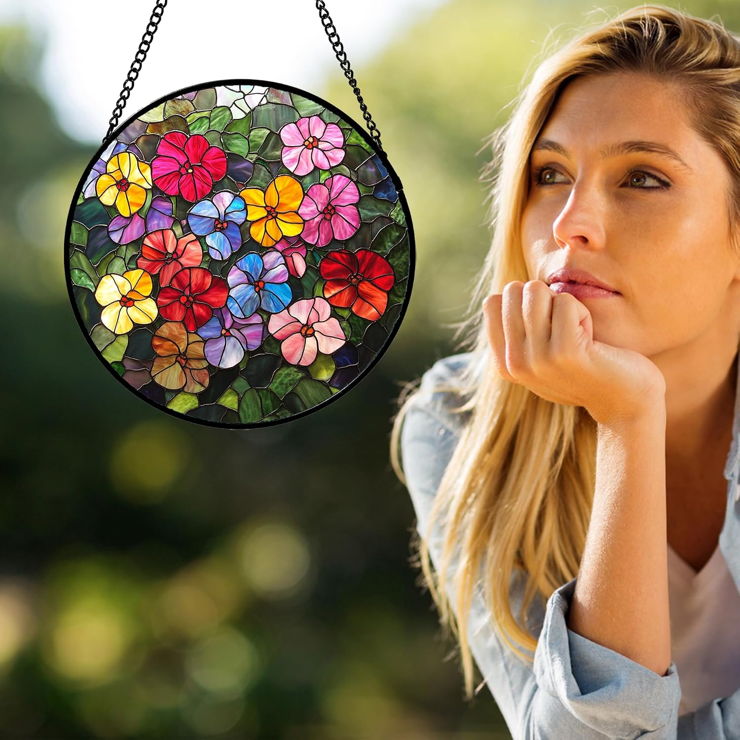Stained Glass Window Hanging Colorful Flower Wildflowers Large 11.8" - Suncatcher Door Garden Sun Catcher Home Decor Birthday Christmas for Mom Lover Woman Nana Friend Wife