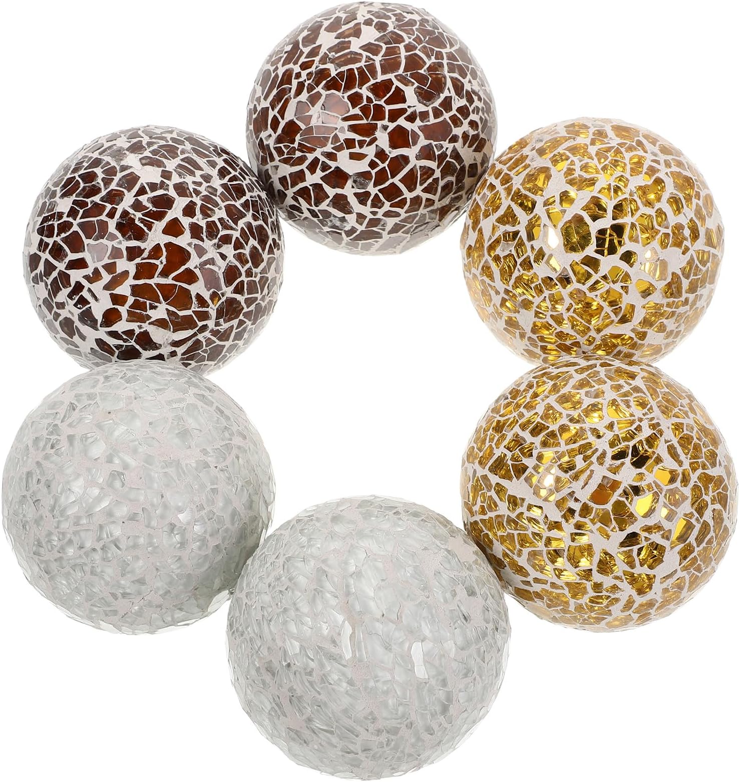 Decorative Mosaic Glass Orbs 6Pcs 6Cm Glass Sphere Balls for Dining Table Bowls Vases in Gold Dark Khaki White, Compact Portable Table Decor