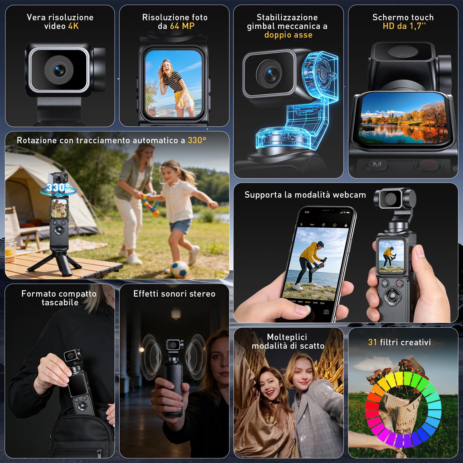 Vlog Camera, Action Cam 4K Stabilizzata con Gimbal – Touchscreen 64MP con Scheda 64GB, Stabilizzazione a 2 Assi, Tracciamento di Oggetti, Microfono Incluso, Fotocamera Digitale per Vlog
