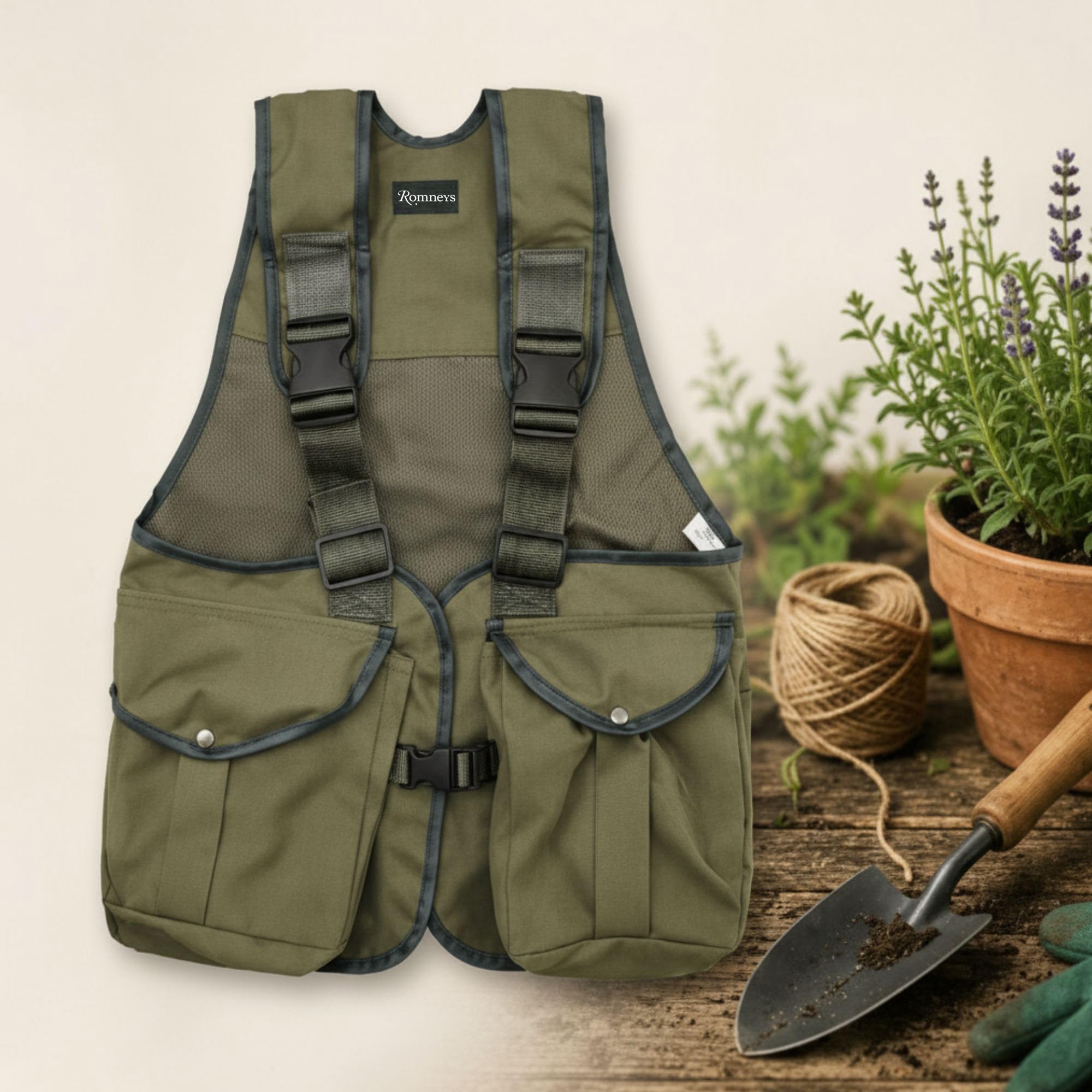 Romneys Gartenweste mit großen Taschen – Robuste Arbeitsweste für Gartenarbeit – Multifunktionsweste mit Rückentasche für Werkzeug & Zubehör – Damen & Herren (L)