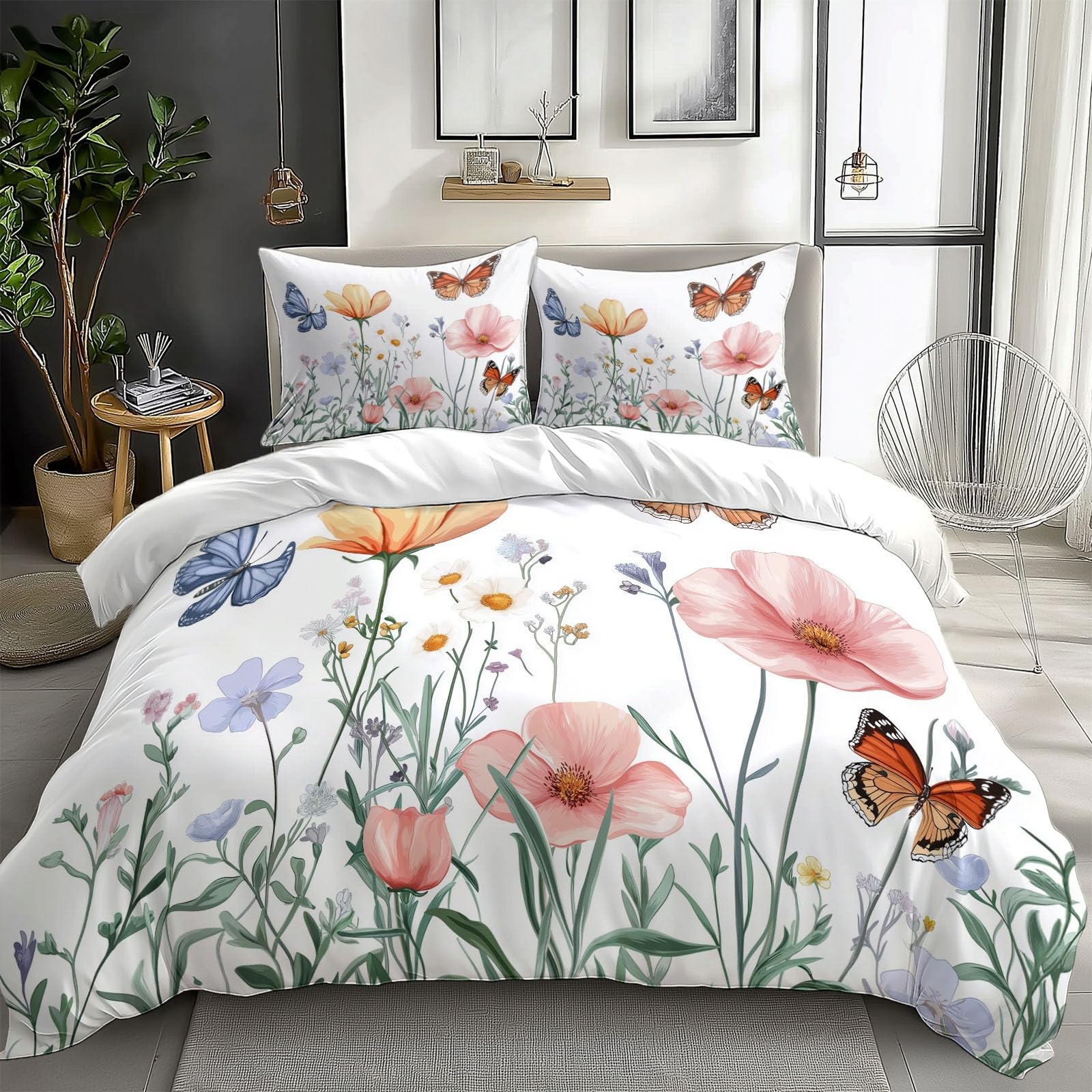 Juego de Fundas Nórdicas Suave 3 Piezas para Cama 105 - Acuarela Floral Mariposas Patrón Funda Edredón Poliéster Algodón 200 x 200 cm + 2 Funda de Almohada 50x75, Patrón Moderna de Estampado,