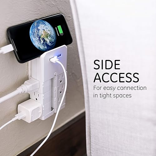 Miniatura 10 de GE Pro 37063 - Extensor de 6 tomas de corriente con tomas giratorias, adaptador de grifo de pared, rotación de 90 grados, 1080 julios, certificación