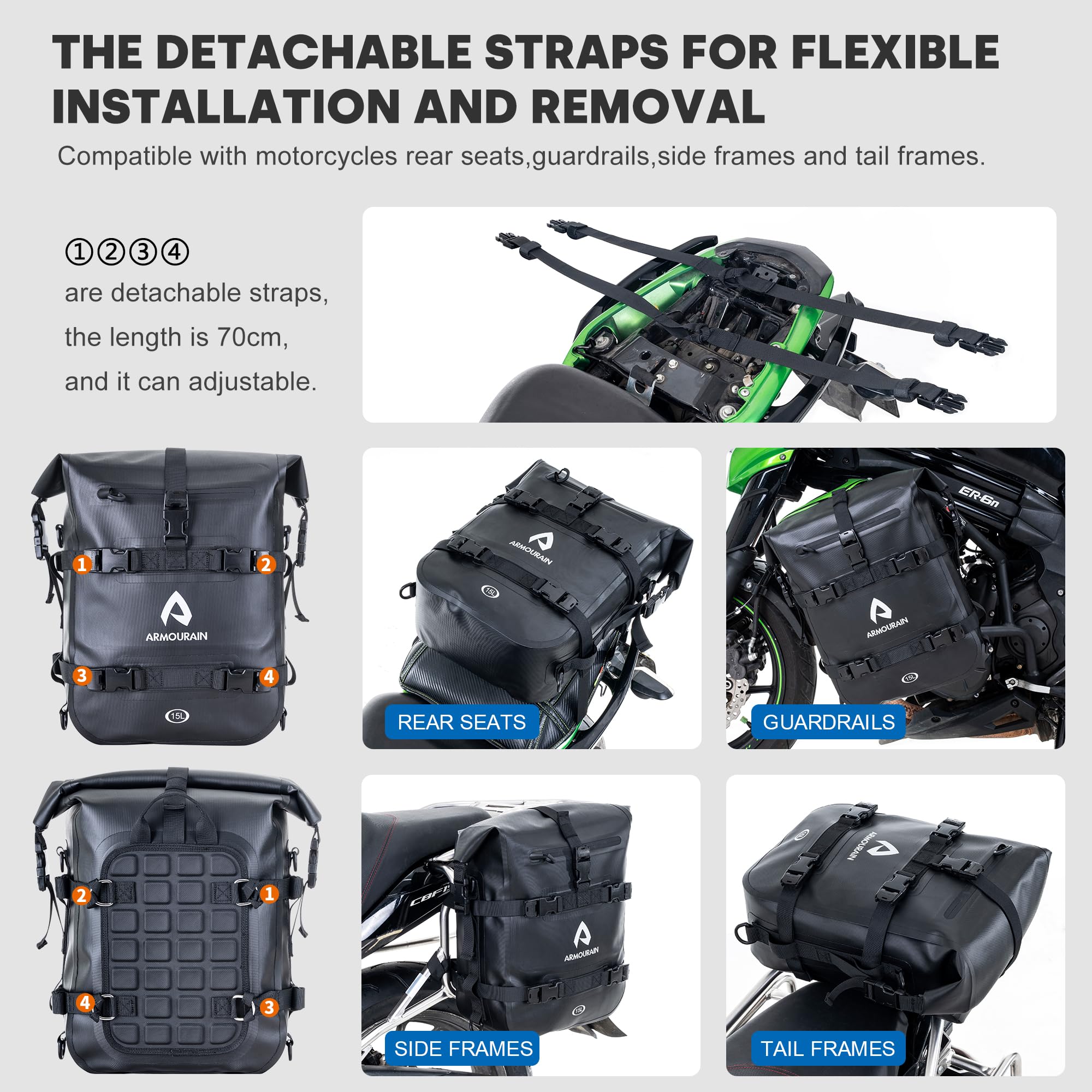 Bolsa Trasera Impermeable para Asiento Trasero de Motocicleta 15L de Alforja Lateral para Motocicleta de Barra de Choque Motor Sissy Bar de Equipaje (TPU Negro, 15L)