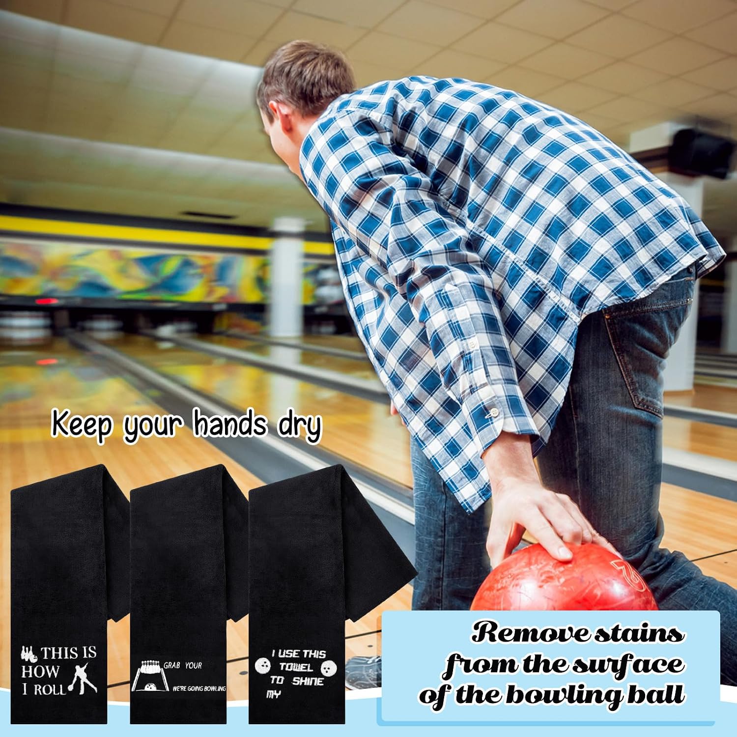 Newwiee 3 Pcs Christmas Funny Bowling Towel with Gift Box, Novelty Embroidered Patterned Bowling Ball Towel Gift Accessories for Men Dad Boyfriend Father's Day Christmas(Black,Classic)