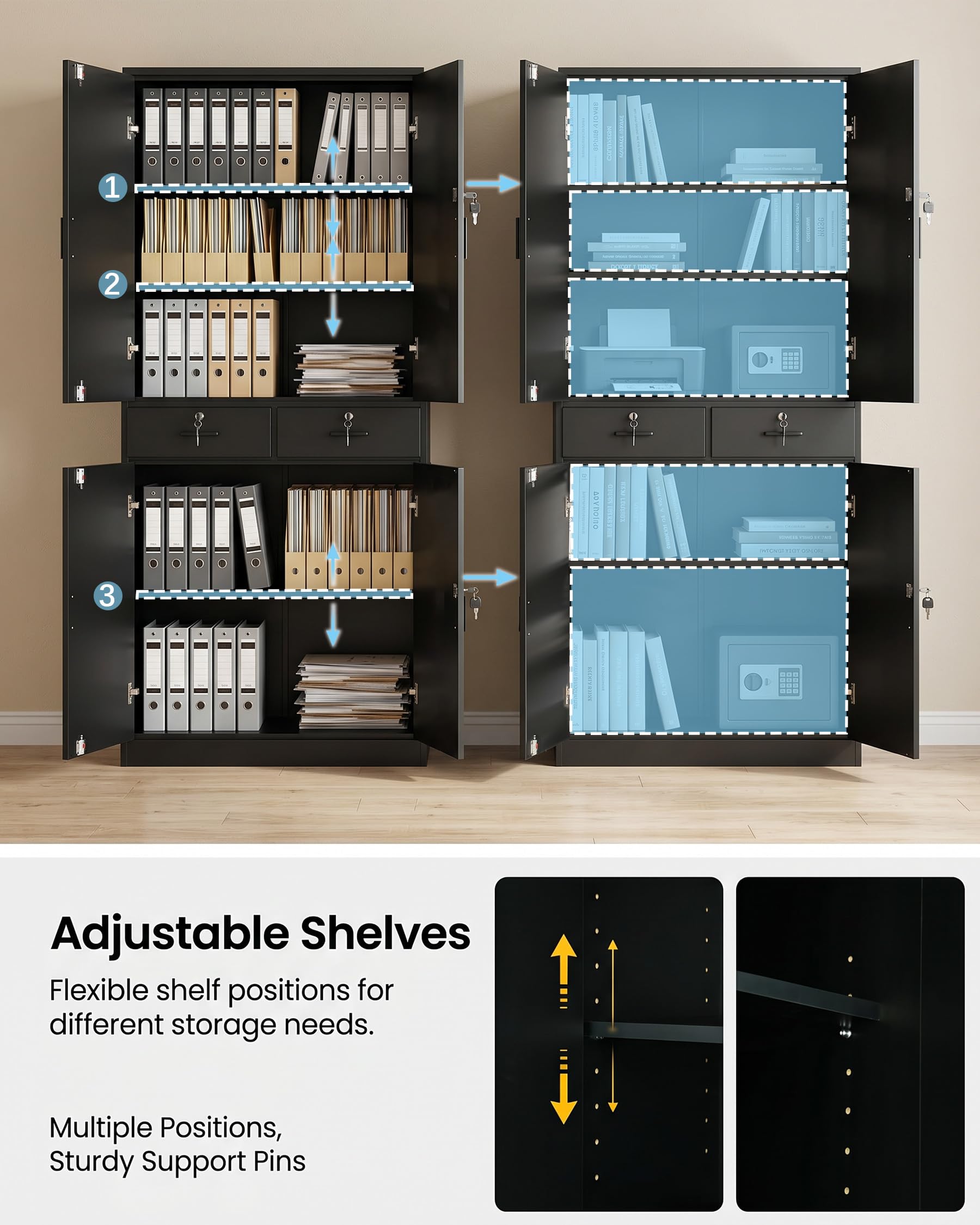 Armadio Alto 200 cm Schedario da Ufficio con Serratura Armadio Multiuso in Legno con 4 Ante 2 Cassetti e Ripiani Regolabili Armadio da Garage Nero 78 x 40 x 200 cm