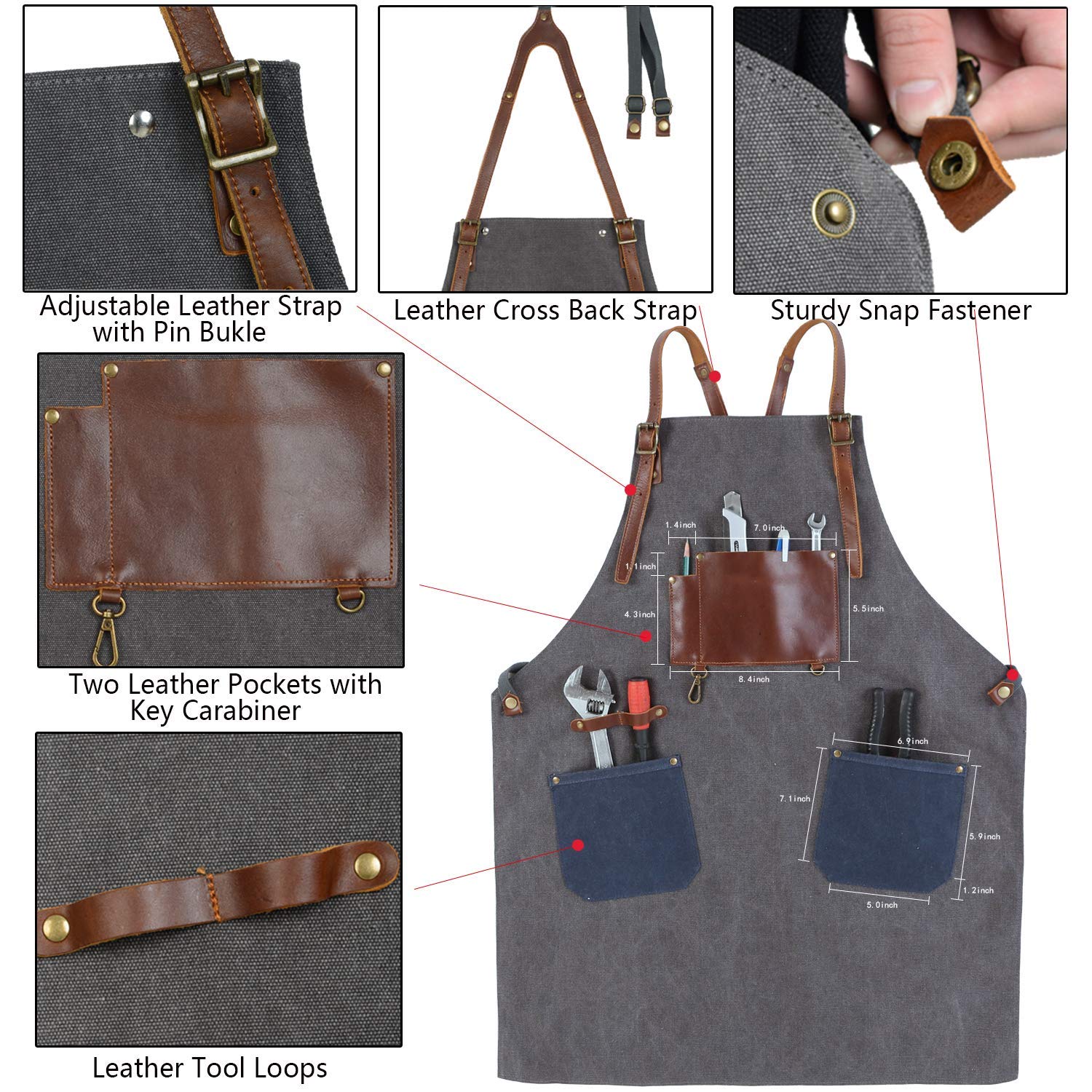 Flipzon Arbeitsschürze für Männer und Frauen, strapazierfähig, Canvas, Herrenschürze für Holzarbeiten, Barber, Schmid, Schreiner, Barista, Kreuz-Rücken-Riemen-Design, verstellbar S bis XXXL (grau)