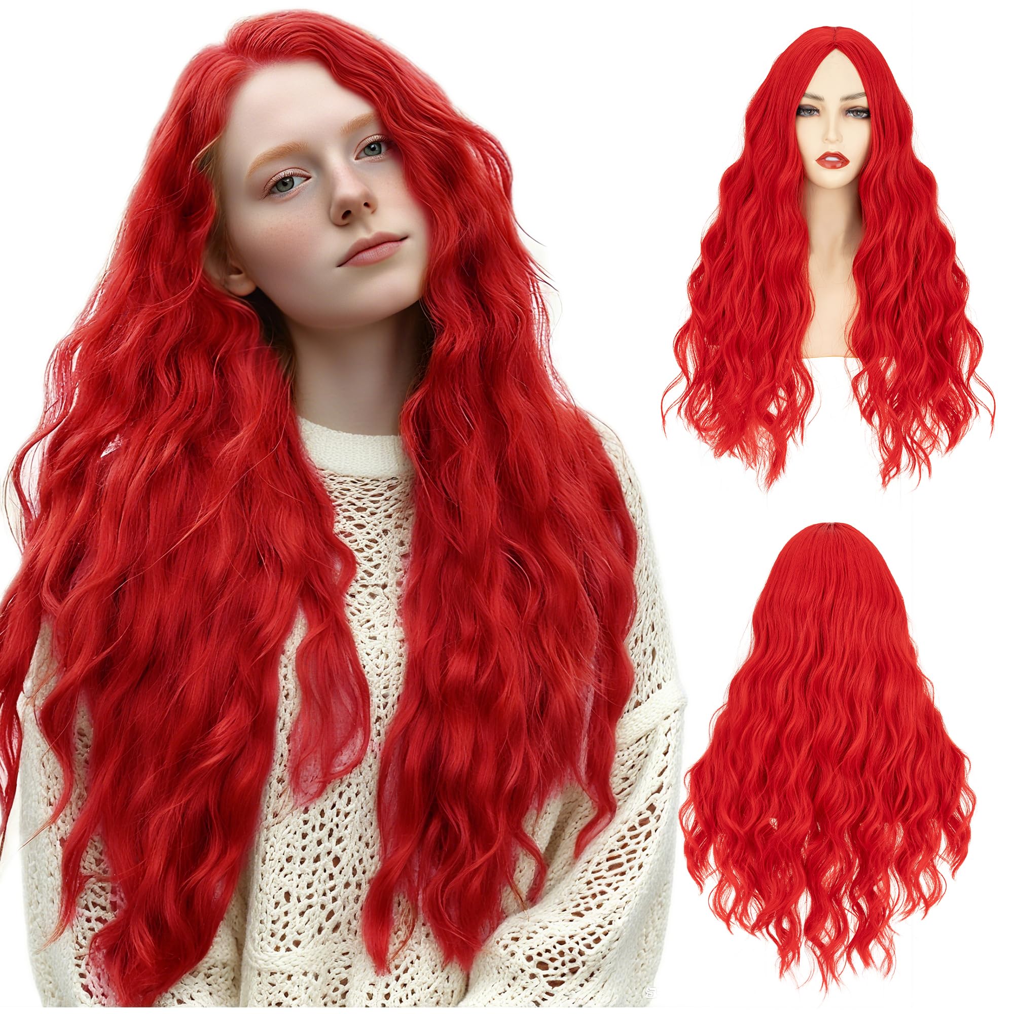 S-noilite Red Wig Middle Part 27 inch Long Curly Wavy Red Wig for Women Heat Resistant Synthetic Hair Curly Anime Cosplay Wigs for Halloween Costume Party