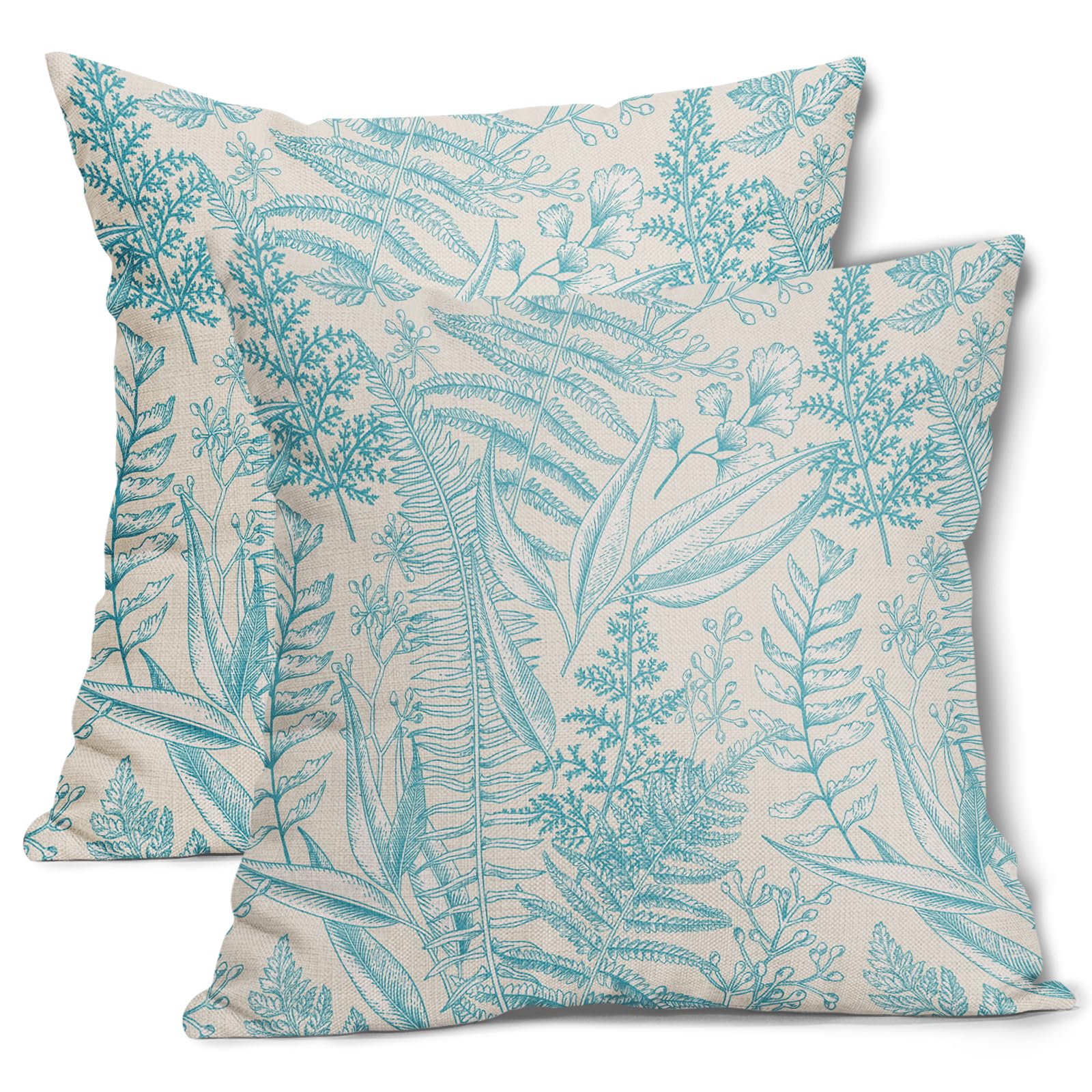 Kawani Aqua Turquoise Leaf Plant Pillow Covers 18X18 Inch Herbs Botanical Fern Vintage Leaves Floral Decorative Pillow Cases Set of 2 Throw Pillows