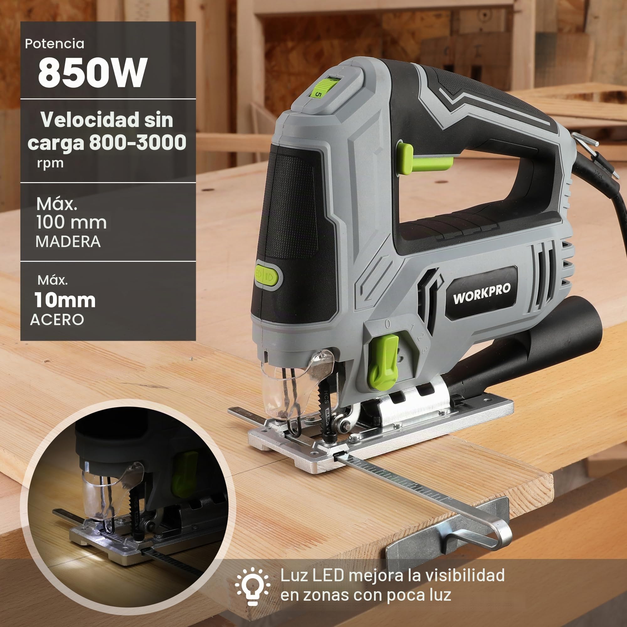 WORKPRO 850W Sierra de calar, con 6 velocidades y 4 posiciones orbitales, función de soplado de polvo, LED luz, ángulo de corte de ±45°, con tubo y regla guía, incluye 7 hojas de sierra