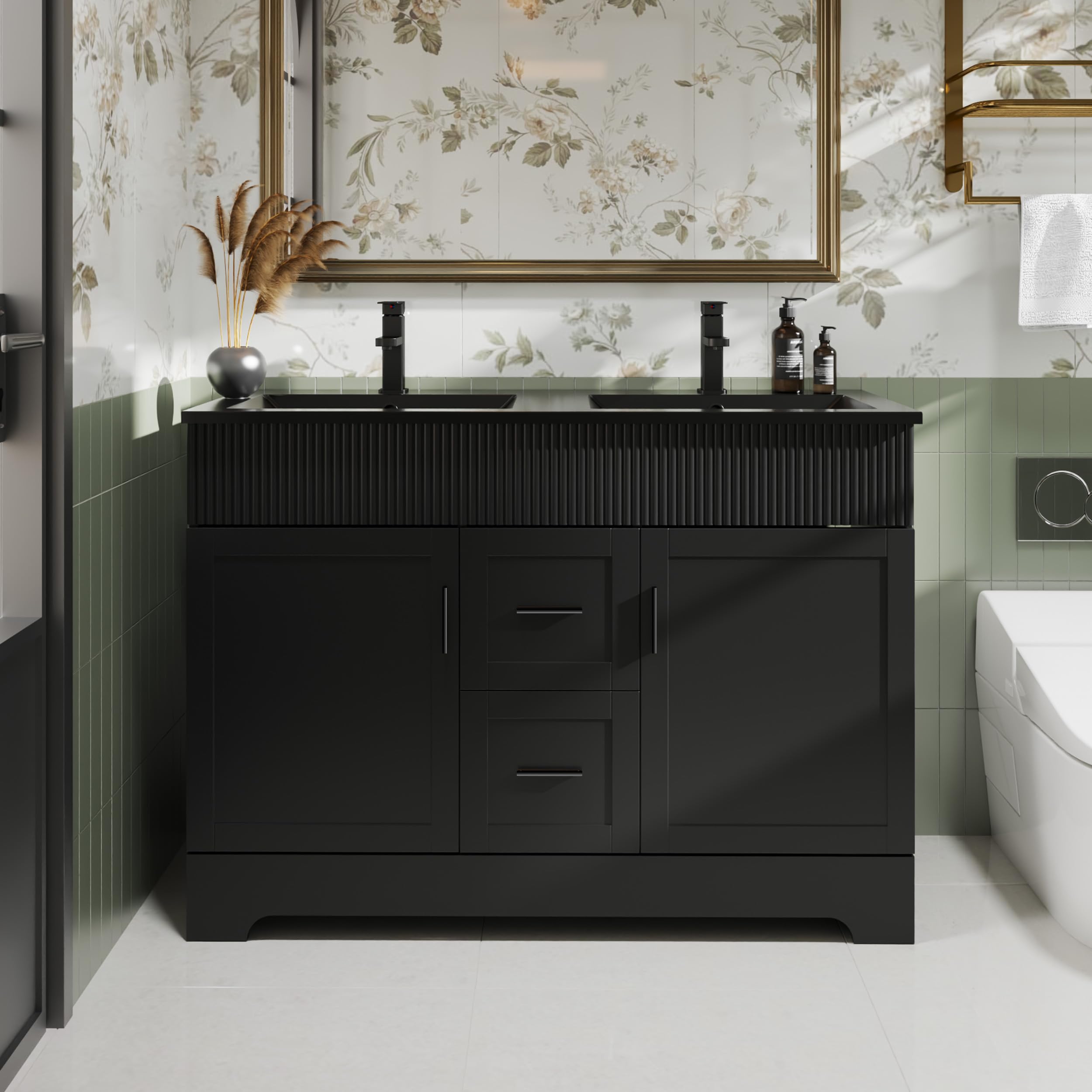eclife 48" Bathroom Vanities Sink Combo with Painted Surface, Modern Drawered Cabinet W/Decorative Wave Lines, Undermount Double Black Sink, Matte Black Faucet Drain, Black