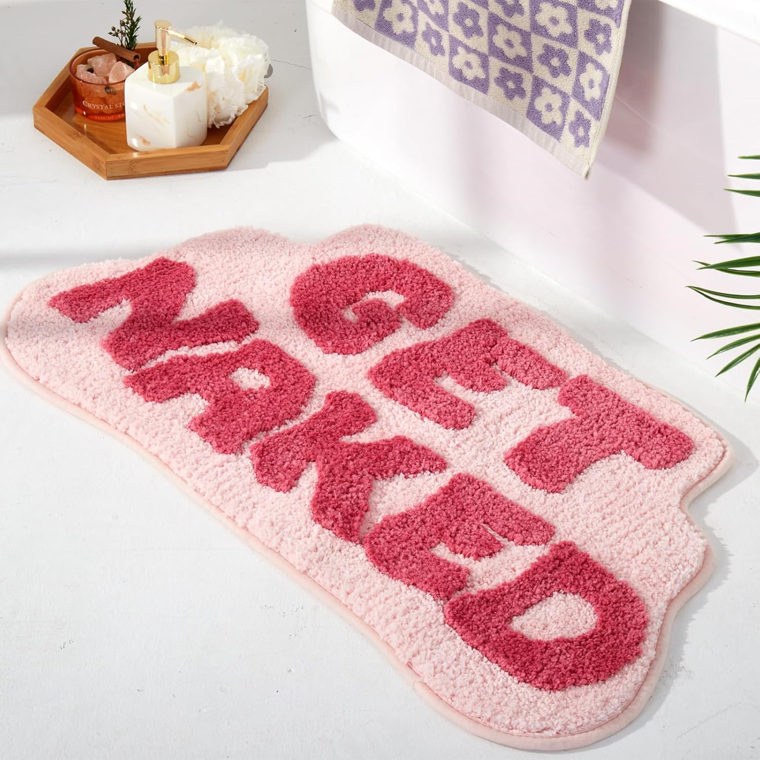 Irregular Shaped Get Naked Bath Mat Pink - Fun Bath mat Small Preppy Bathroom Decor Funny Aesthetic Bathroom