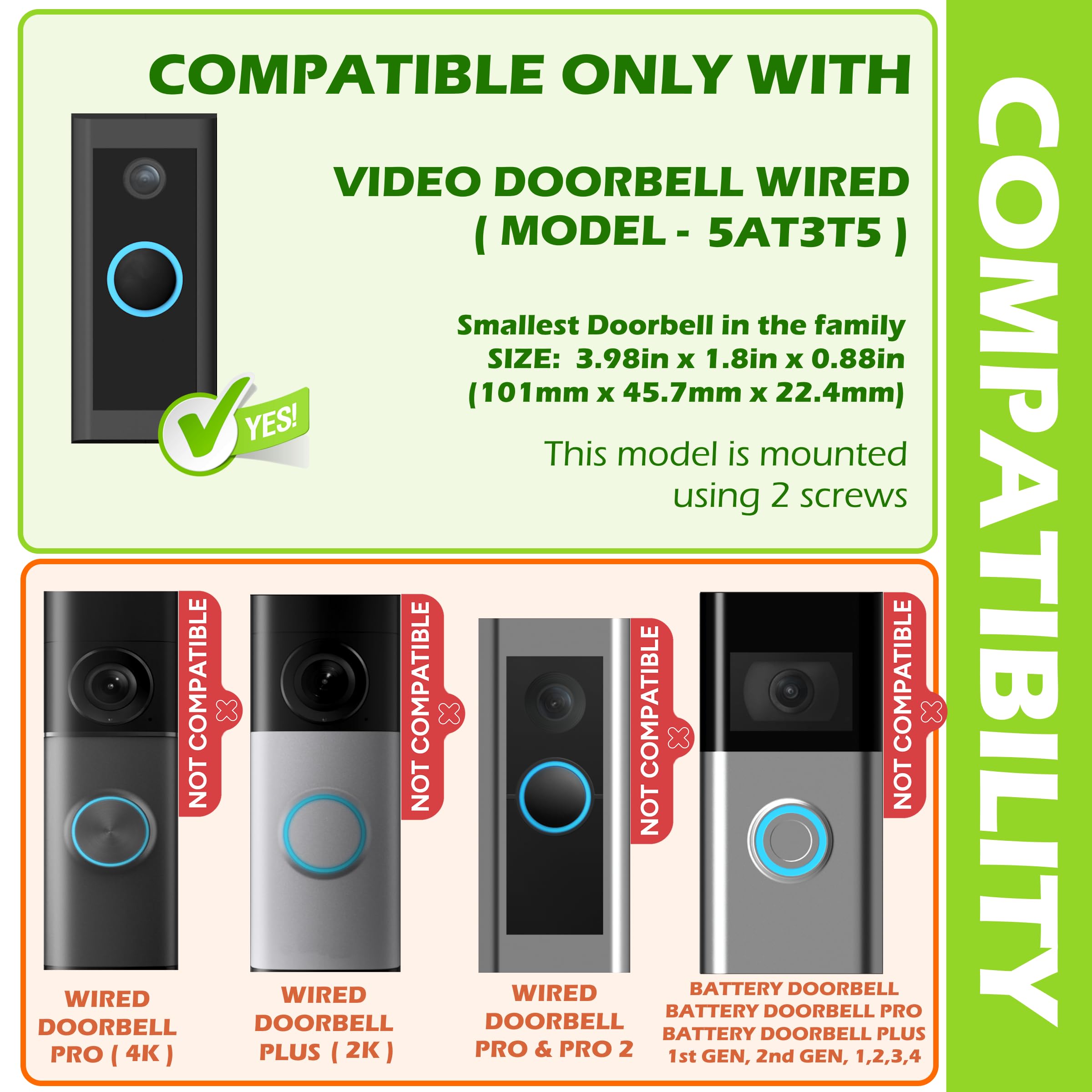 Piastra da parete per plastica Perspex compatibile con RingWired Video Doorbell | Videocitofono cablato | resistente con finitura opaca ad anello
