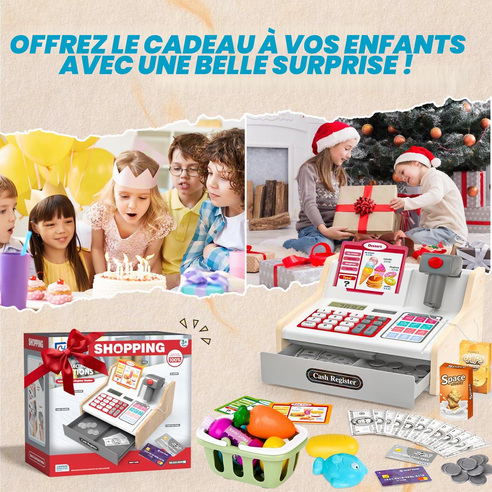 maysida Caisse enregistreuse Rechargeable en Bois pour Enfants avec Scanner, Jouet de Simulation avec Fausse Monnaie, Nourriture, Carte de crédit, pour Tout-Petits garçons et Filles âgés de 2 à 4 Ans