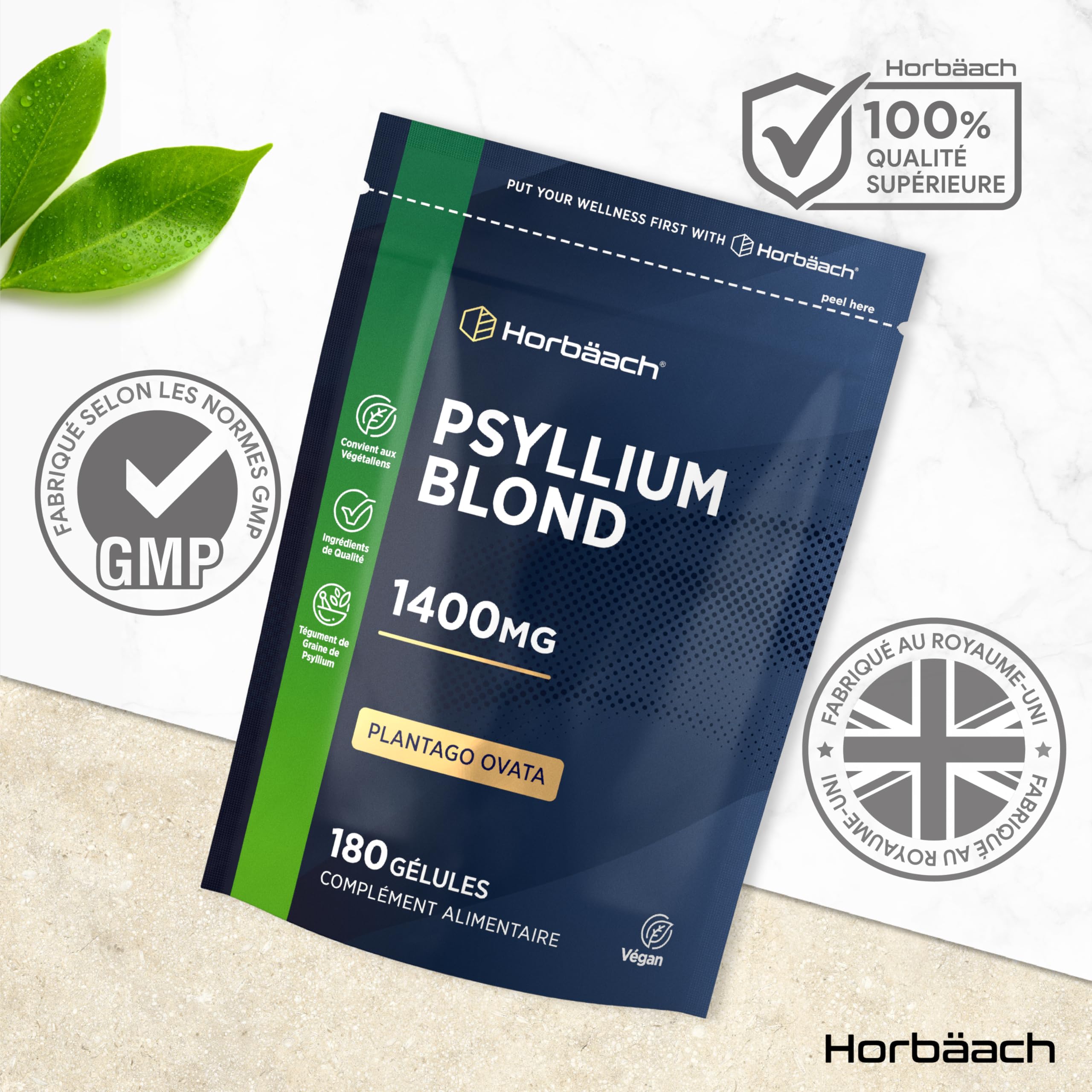Psyllium Blond Gelules 1400 mg | 180 Gelules Vegan | Fibre de Husk Haute Dosage | Prébiotique naturel | Horbaach