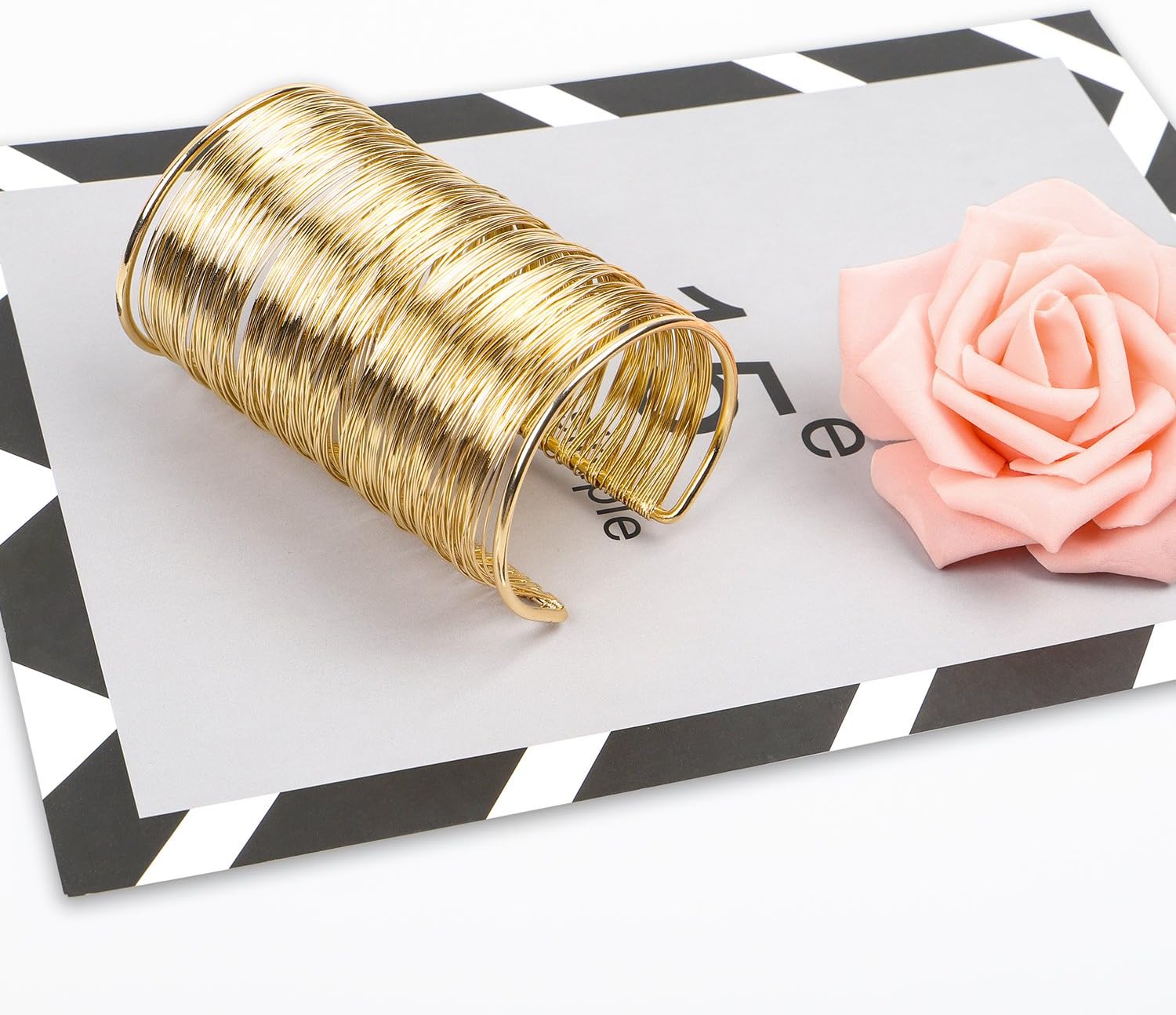 QTMY Alloy Metal Gold Thin Thread Wire Open Cuff Wide Bracelet Bangle - Image 3