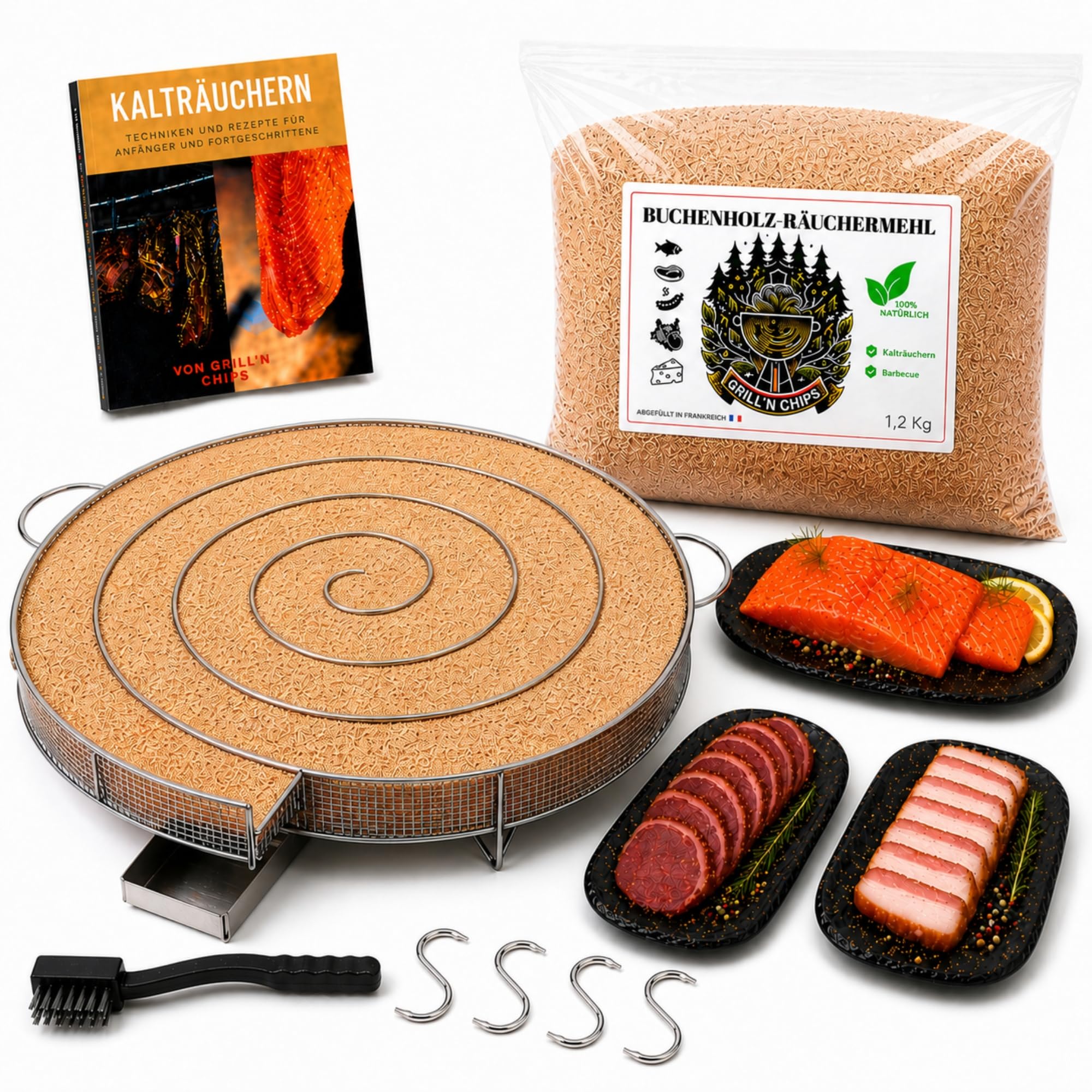 Grill'n Chips® Sparbrand XXL Kaltrauchgenerator (30 cm)/Räucherschnecke für Räucherofen + 1,2 kg Räuchermehl Buche + 4 Fleischhaken & Bürste – zum Kalträuchern – inkl. PDF-Ratgeber (Gratis)