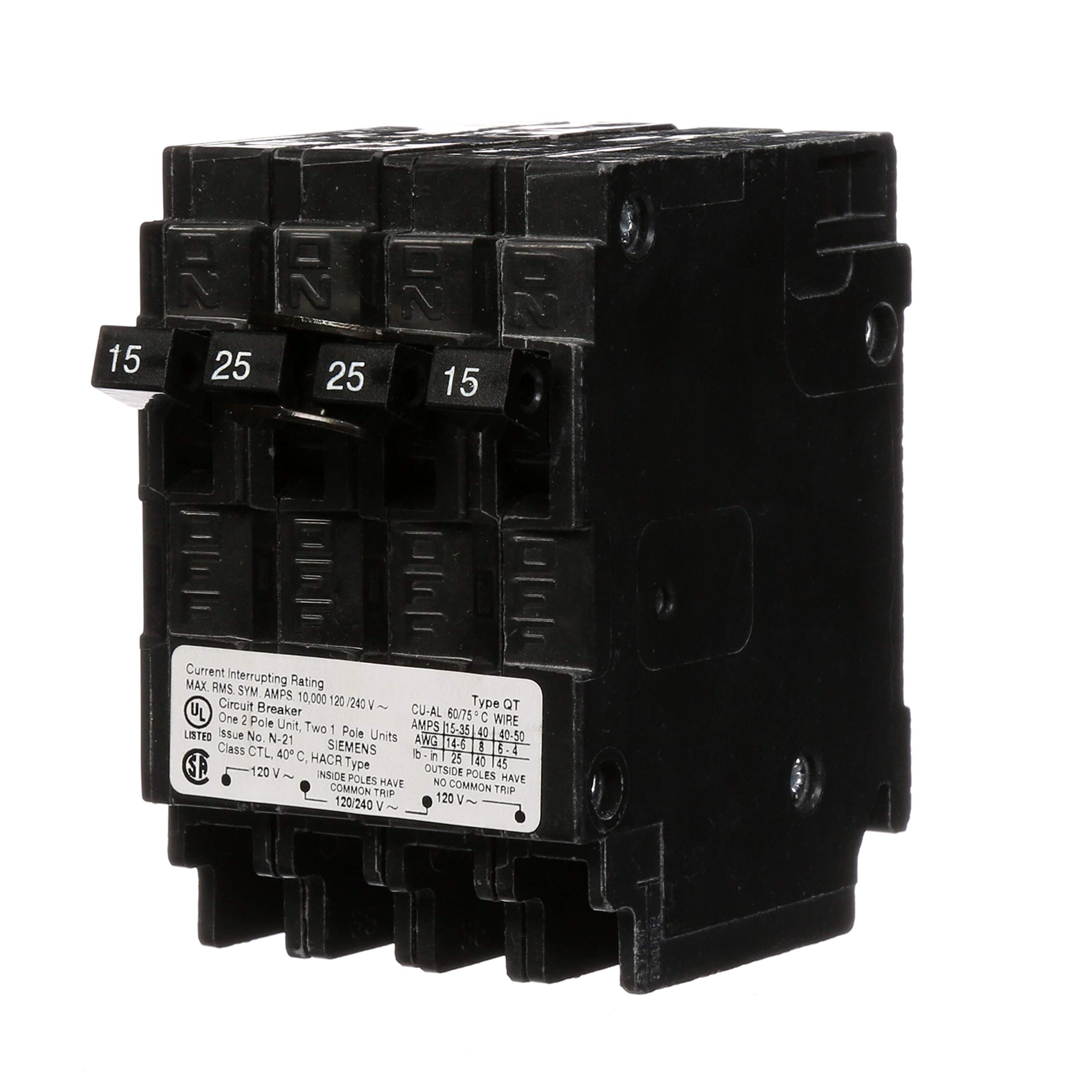 25 Amp Double-Pole and (2) 15 Amp Single-Pole Type QT Triplex Circuit Breaker