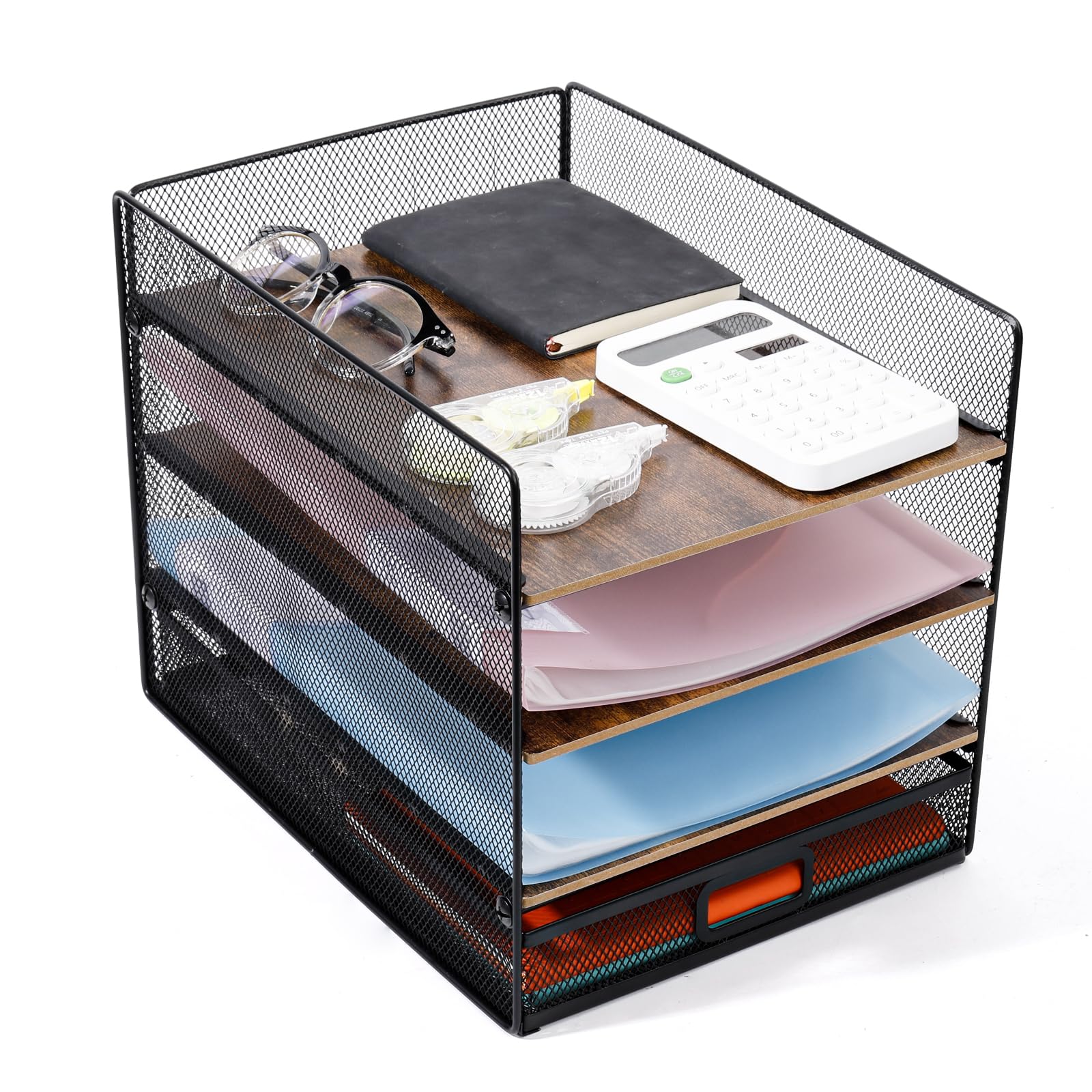 Organiseur De Bureau En Métal à 4 Niveaux Avec Tiroir - 32x24 Cm, Pour Trier Courrier, Dossiers, Papiers