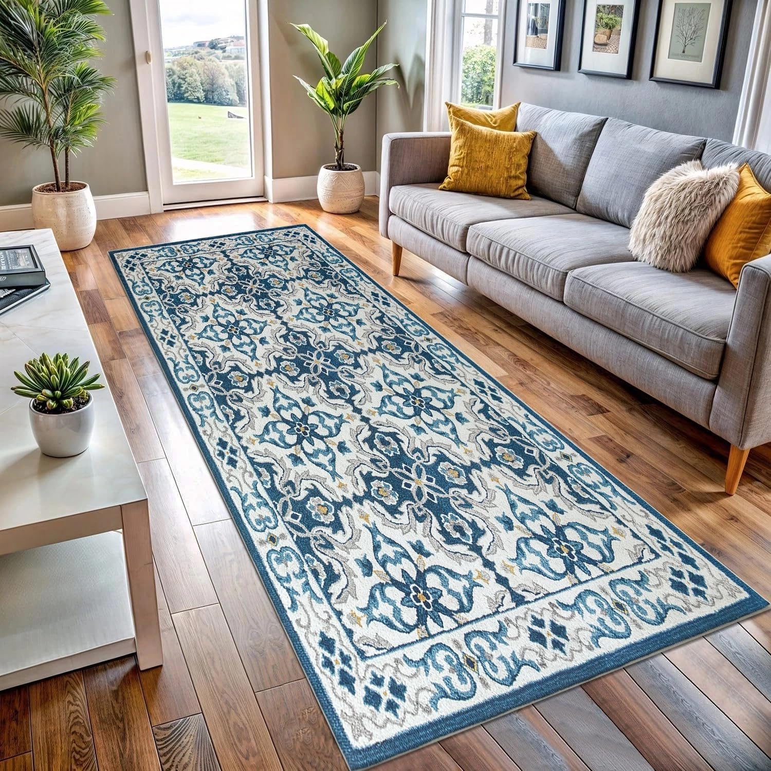 BedLooms Runner Rugs for Hallway 60x220 cm Traditional Pattern Carpets living room Printed Sky Blue Runners for Lounge Office Bedroom (Luna)