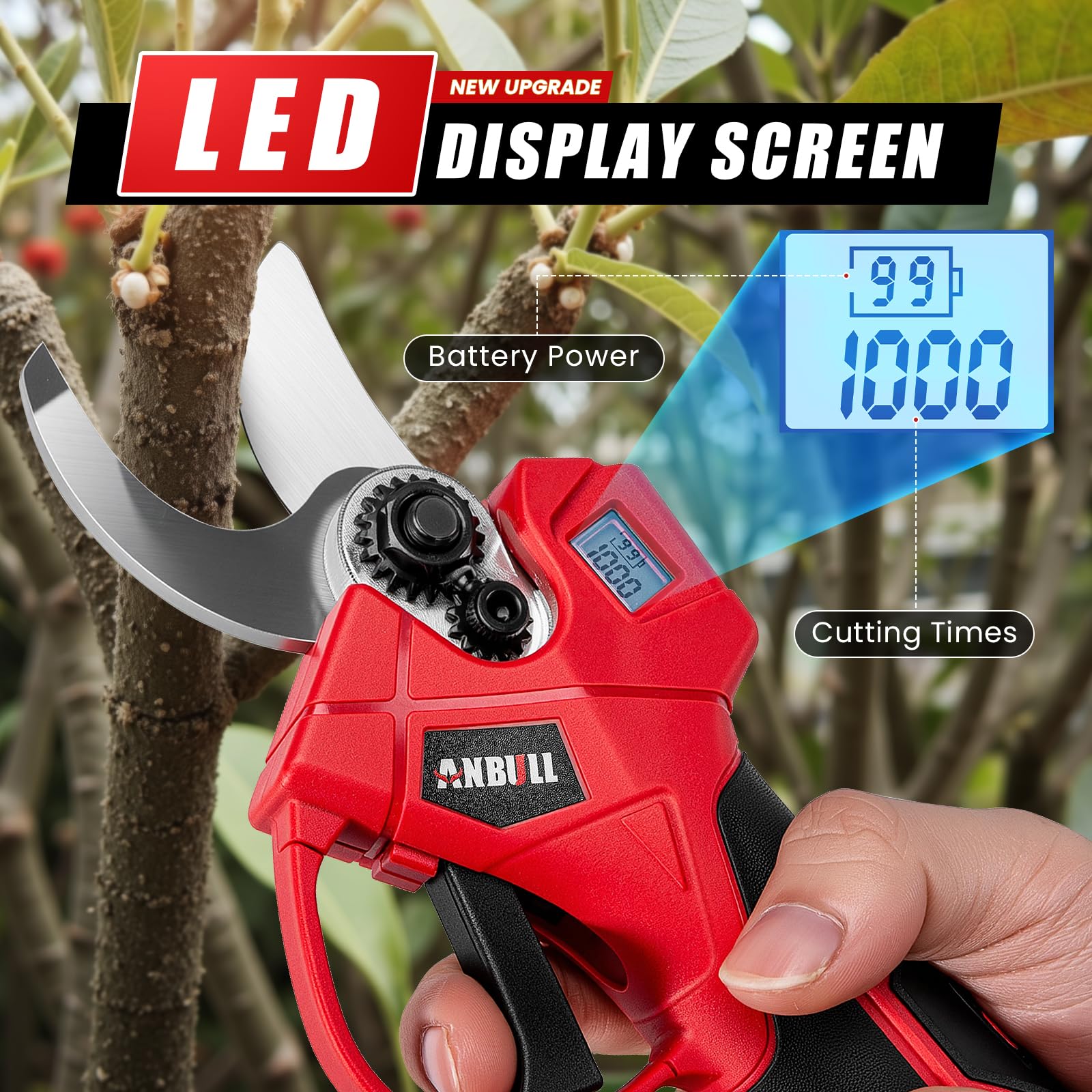 Anbull Tijeras de podar electricas 40 mm, con cuchillas SK5 | Bateria 2×2000 mAh, motor sin escobillas, compatible con baterías Makita 18V, inalámbricas, para ramas y árboles frutales