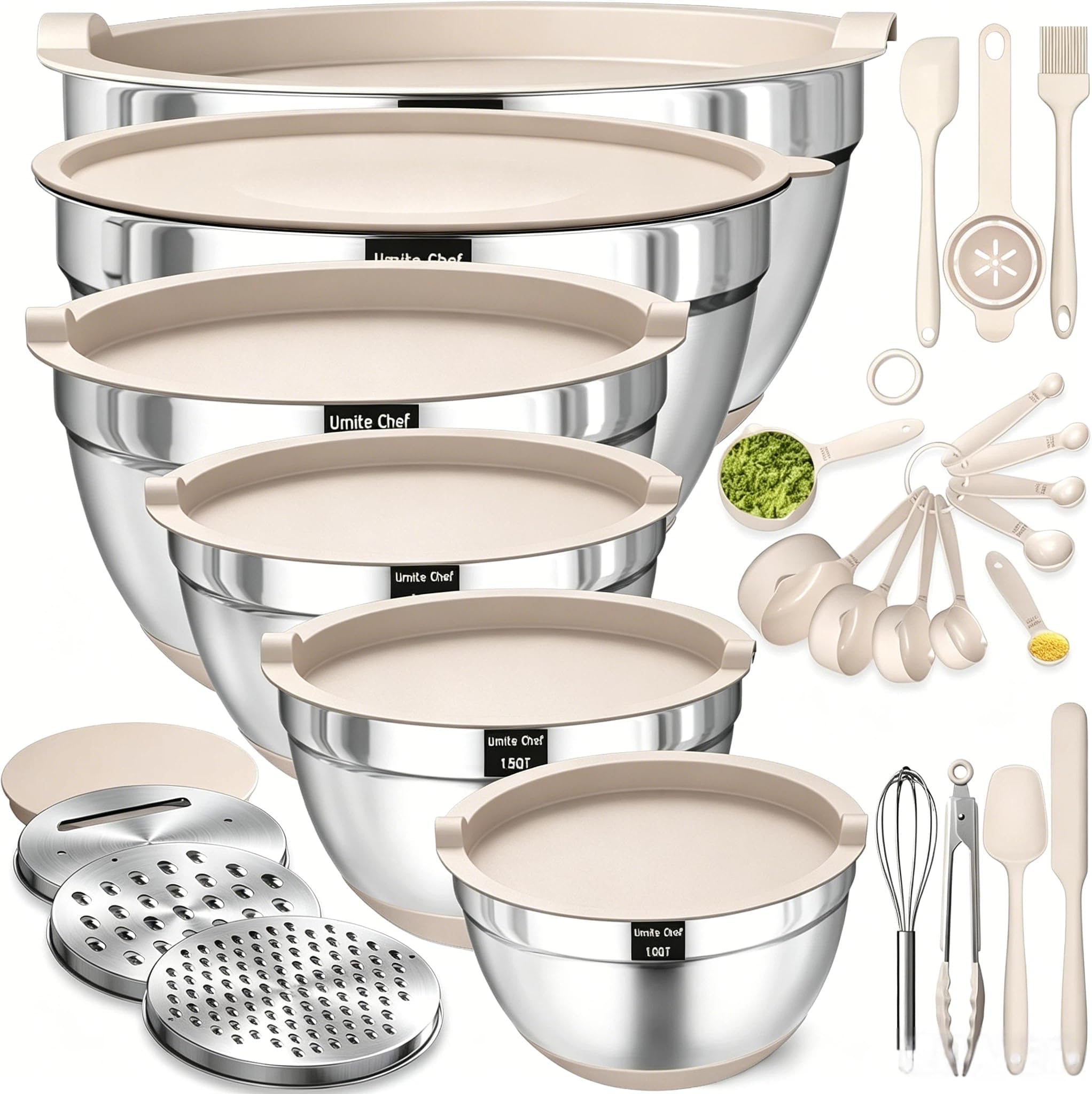 Mixing Bowls w/ Airtight Lids Set，26PCS Stainless Steel Khaki Bowls w/ Grater Attachments，Non-Slip Bottoms & Kitchen Gadgets Set，Size 7，4，2.5，2.0,1.5，1QT，Great Mixing & Serving，silver