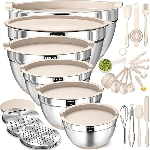 Mixing Bowls with Airtight Lids Set, 26PCS Stainless Steel Khaki Bowls with Grater Attachments, Non-Slip Bottoms & Kitchen Gadgets Set, Size 7, 4, 2.5, 2.0,1.5, 1QT, Great for Mixing & Serving