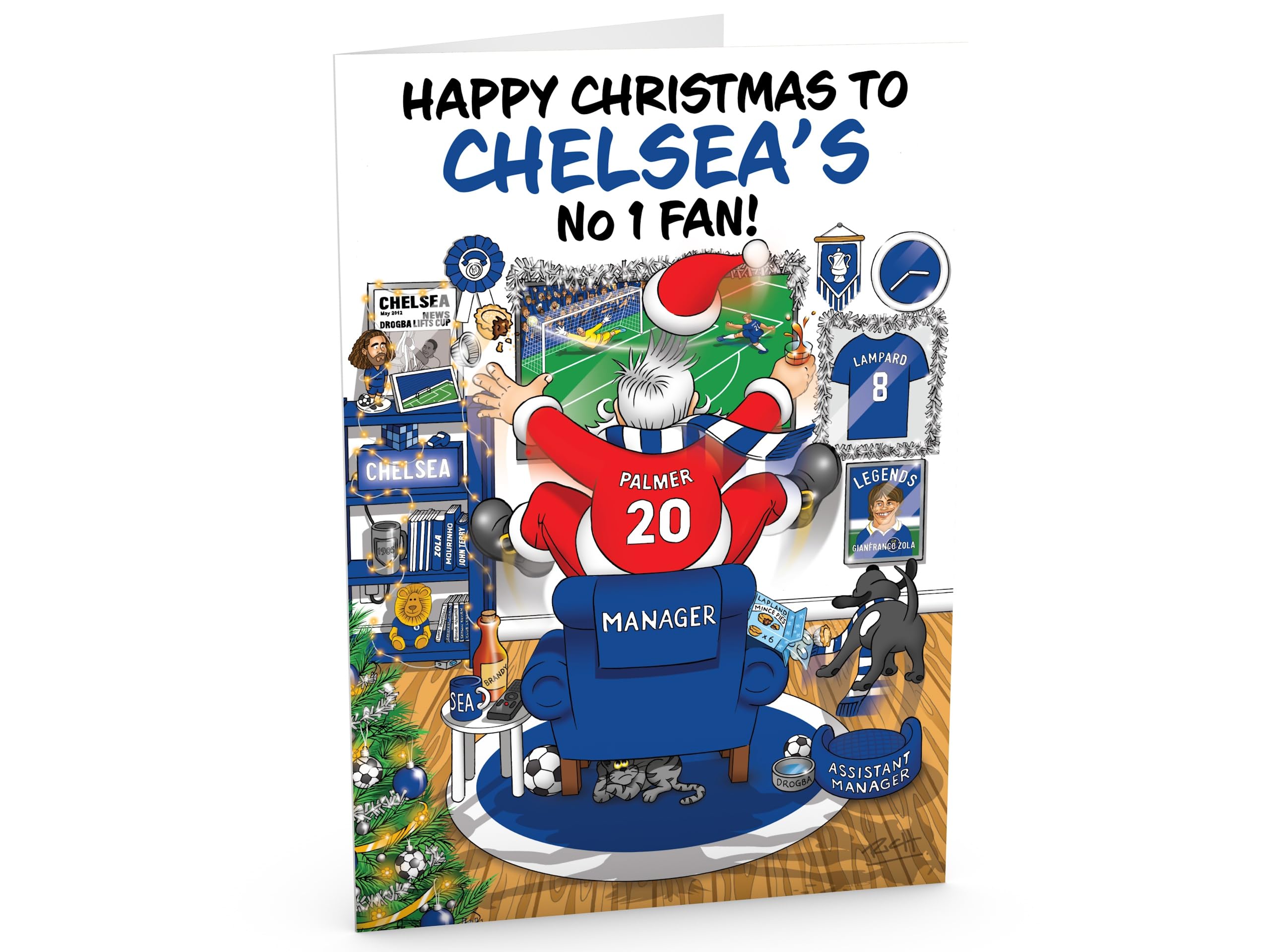 Football Christmas Card for Chelsea Fans Pack of 6 Cards Santa Jumping Out of Chair to Support Team Funny Rear of Card Showing Rudolph Supporting Rival Club Large A5 Made in UK - Image 2