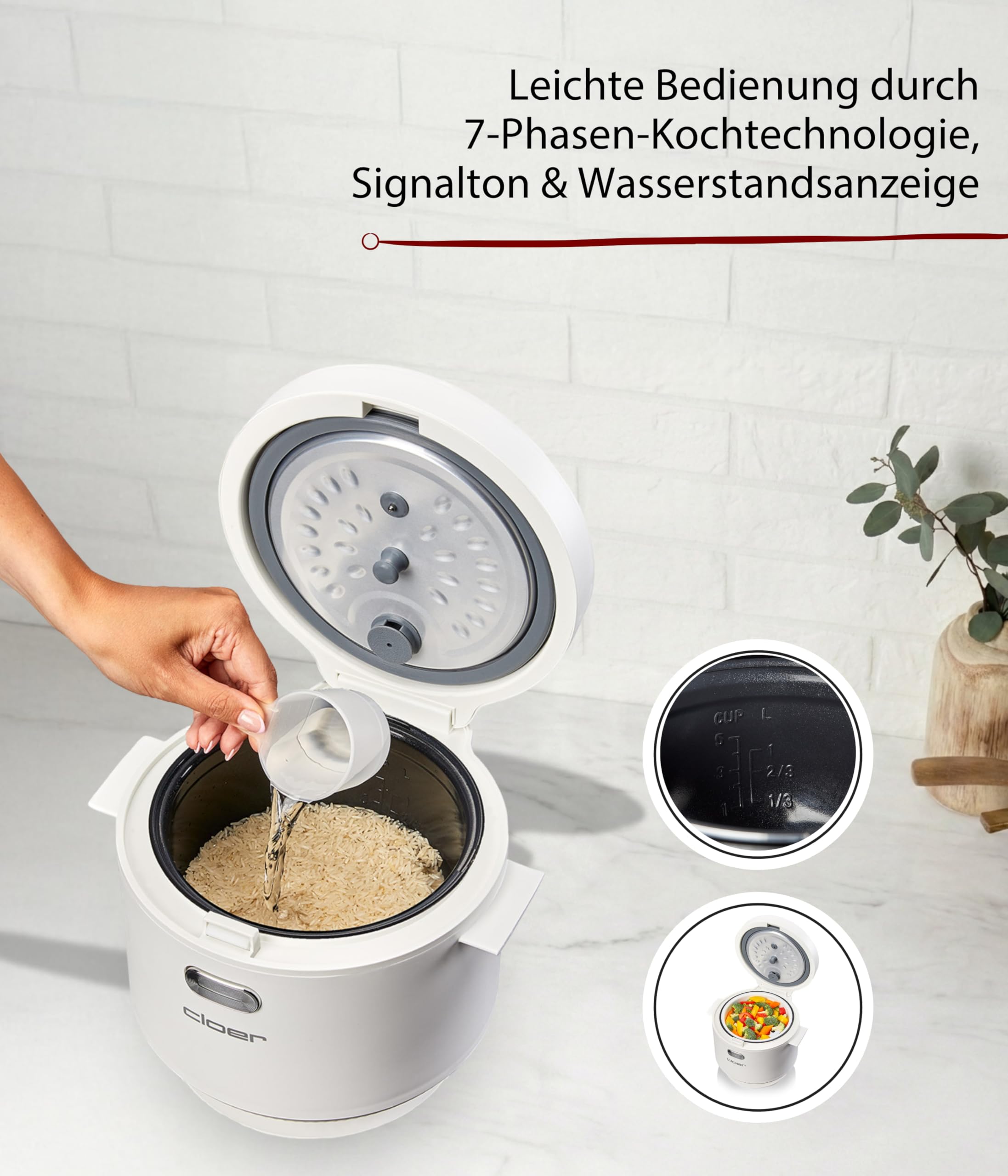 Cloer 6831 Reiskocher mit 1 l Fassungsvermögen, inkl. Dampfaufsatz & spülmaschinengeeignetem Innentopf, 7-Phasen-Technologie, Warmhaltefunktion bis 24 h, Signalton und Wasserstandsanzeige, 350 W