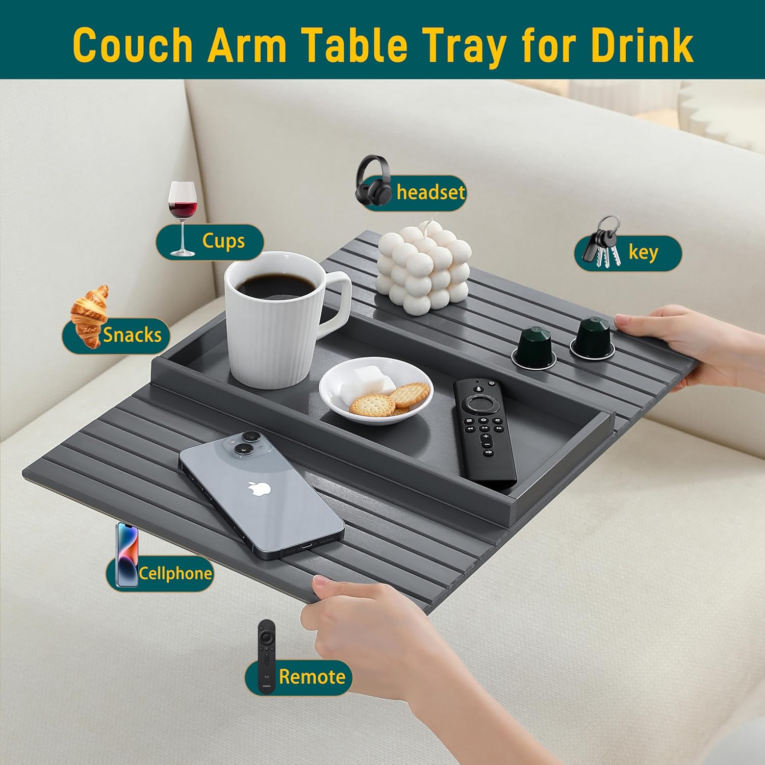 Bamboo Couch Arm Tray Table，Foldable Sofa Armrest Tray Table for Couch，Flexible and Anti-Slip Couch Arm Cup Holder，Portable Sofa Arm Chair Table for Drink,Cups, Eats，Snacks, Phone, Remote (Gray)
