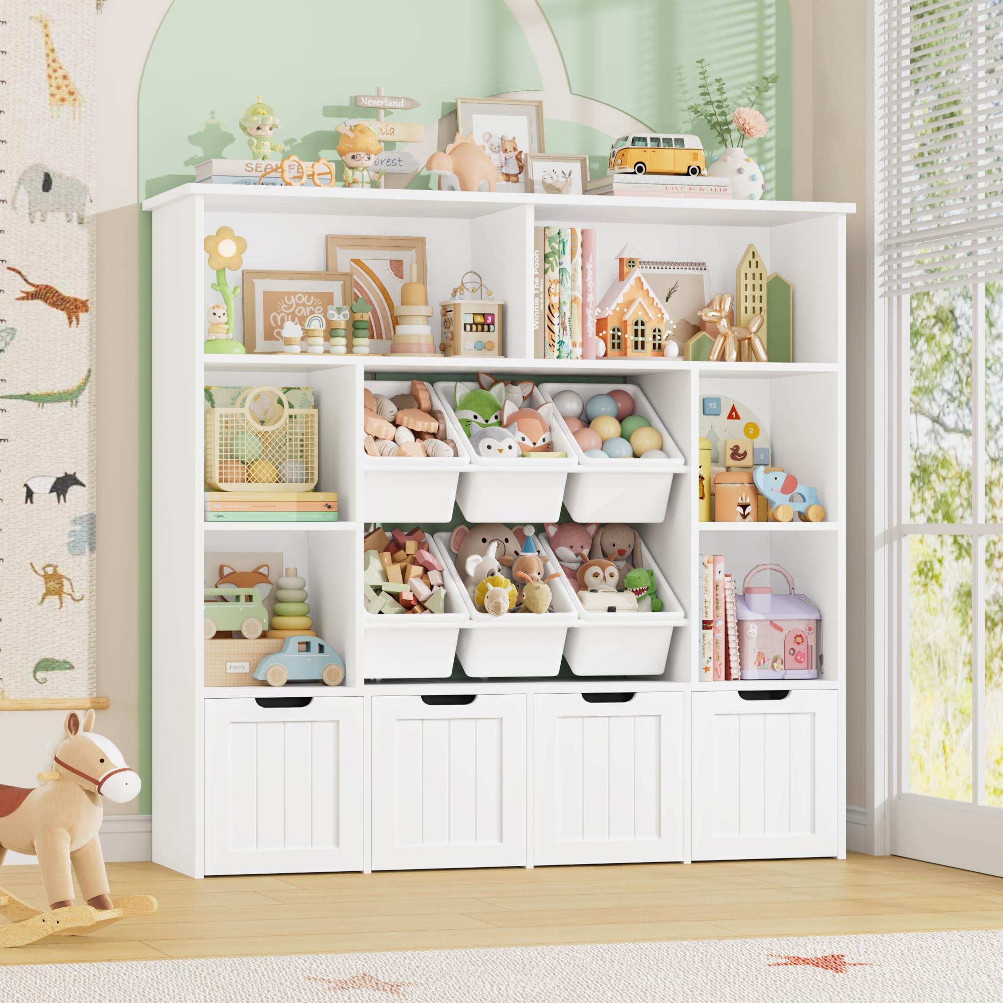 FOREHILL Kinderregal mit 4 Boxen auf Rollen, Kinderzimmer Möbel Kinderbücherregal Spielzeugregl Aufbewahrungregal Bücherregal für Kinder Kinderschrank mit 4 Ebenen & 6 Kunststoffbox Weiß 125x33x121cm