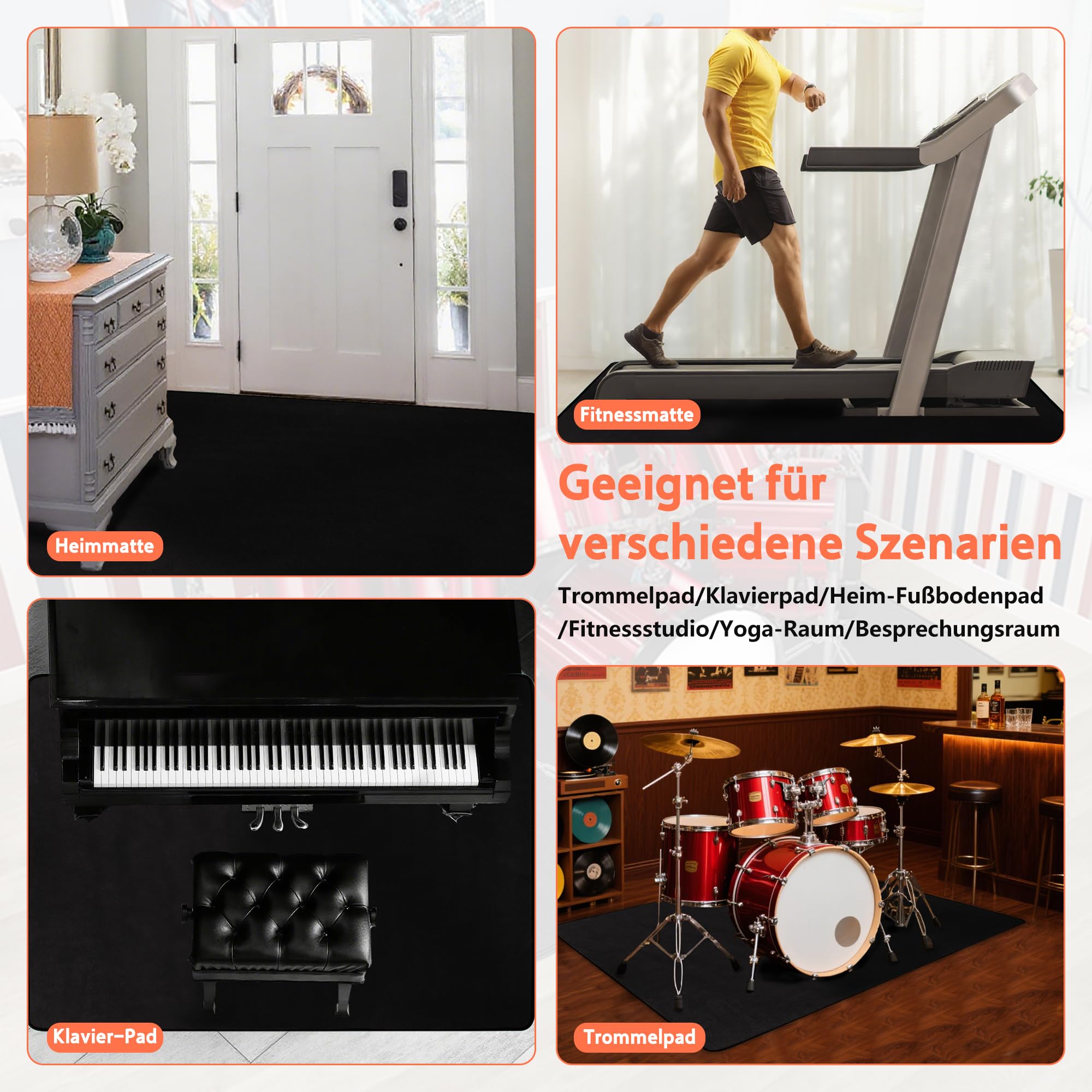 OUUTMEE Tappeto per percussioni, 120 x 160 cm, antiscivolo, per batteria elettronica, accessori per batteria jazz, protezione del pavimento (nero)