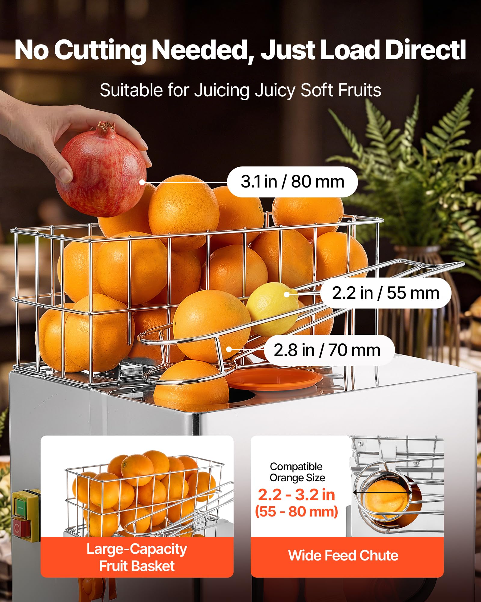 VEVOR Exprimidora de Naranjas Comercial 120 W Tapa de Acero Inoxidable, Eléctrica, Con 2 Recipientes Recolectores, Capacidad para Hasta 20 Naranjas por Minuto, Para Limones y Cítricos de 55-80 mm
