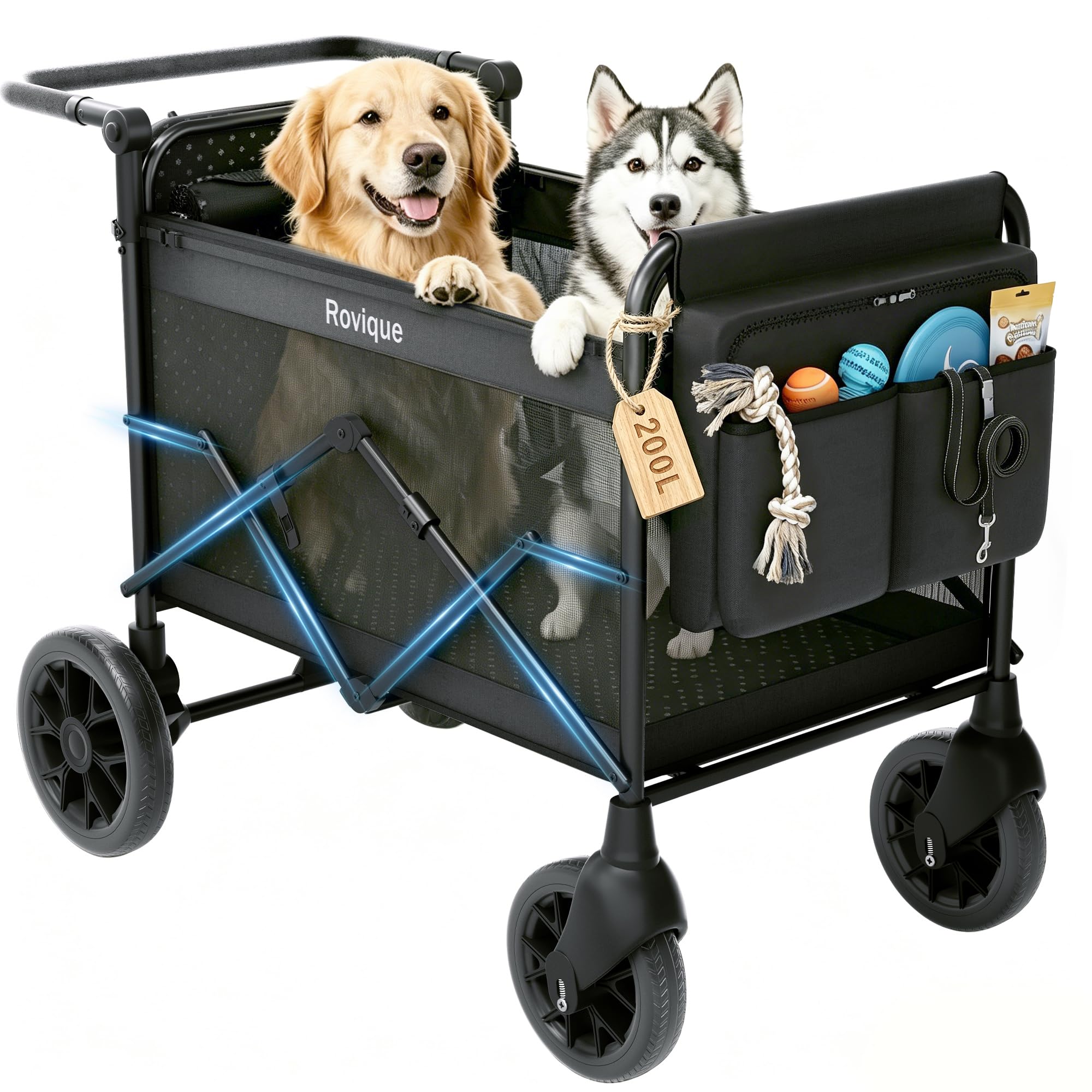 Rovique Passeggino per cani di taglia grande fino a 59 kg, passeggino per cani resistente con rampa, ruote in gomma per tutti i terreni, manico regolabile e baldacchino con cerniera, per più animali