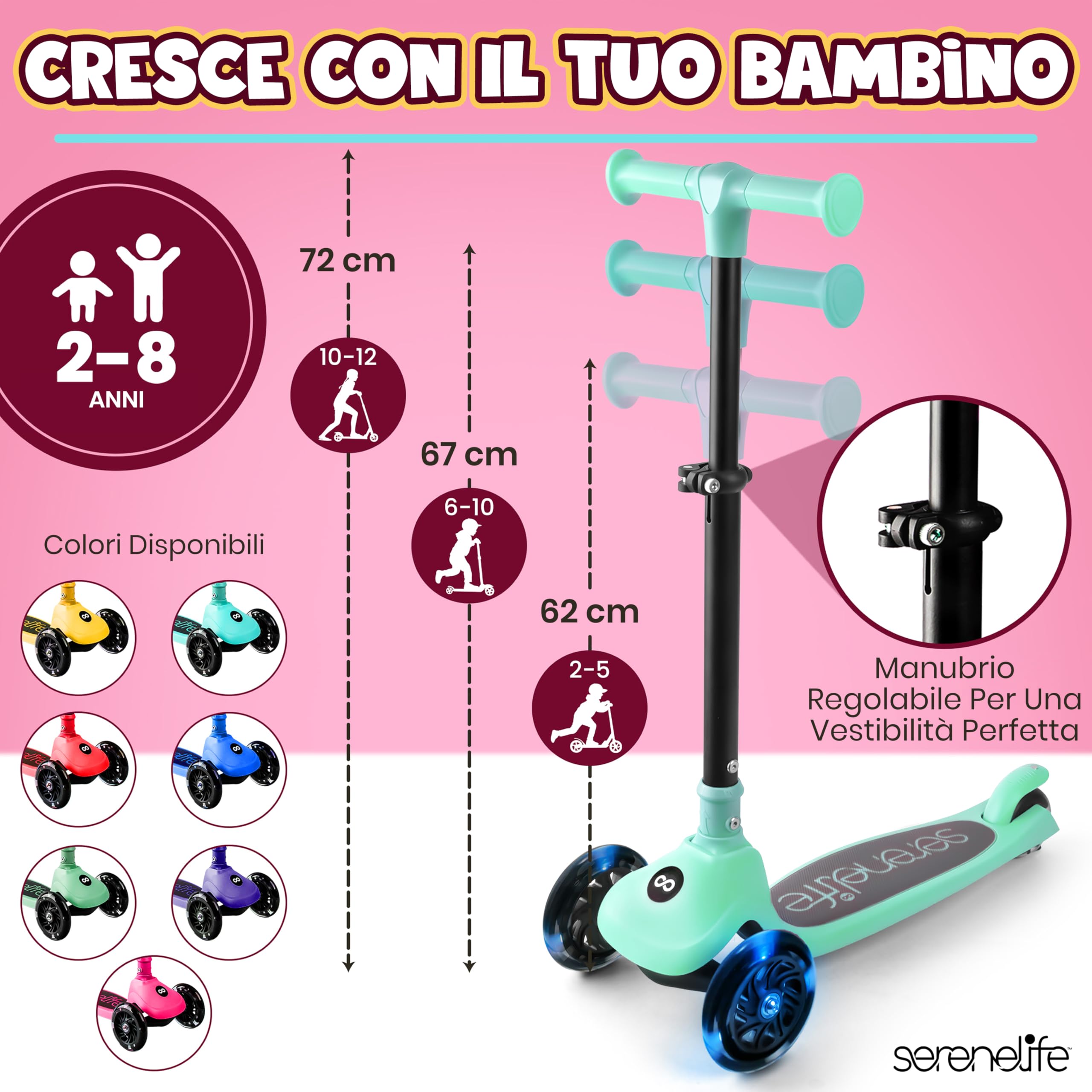 SereneLife Monopattino Bambino Pieghevole, Monopattino Bambina a 3 Ruote con Luci LED, Manubrio Regolabile e Freno, Monopattino a 3 Ruote, Scooter per Bambini e Bambine dai 3 Anni fino a 50 kg