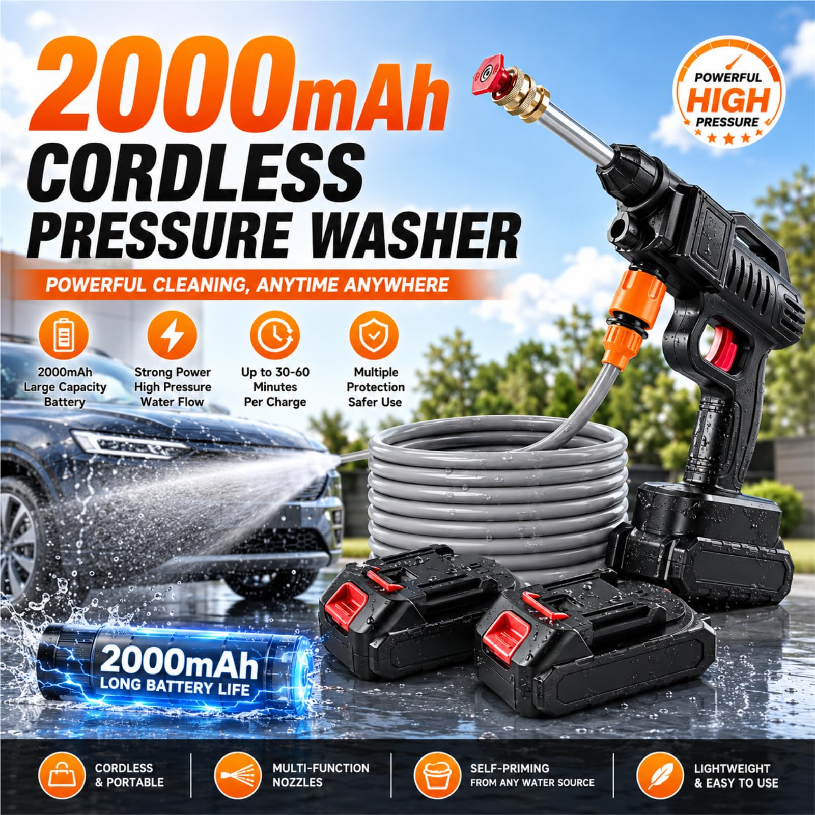 21V 1500W Idropulitrice a Batteria, Portatile Idropulitrice Professionale con 5M Tubo e 2 Ugelli, 2 Batterie, per Auto Patio Giardino Pulizia Pavimenti (Con Secchio)