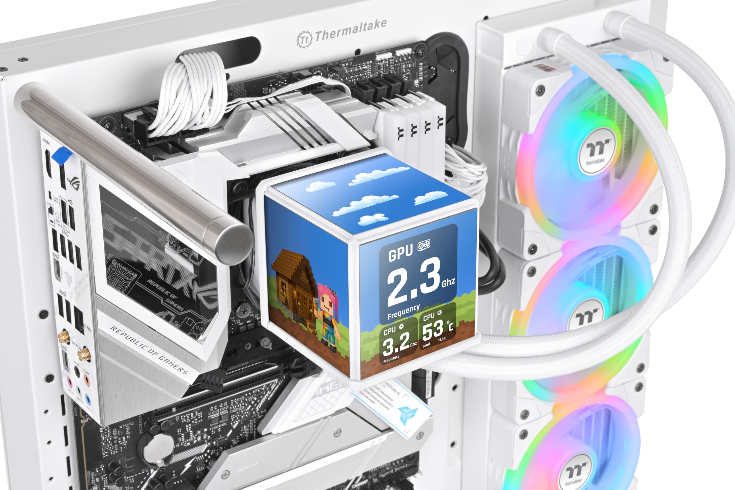 MINECUBE 360 Ultra ARGB | Refrigeración Líquida CPU AIO 360mm | Cubo con 4 Pantallas LCD 3.95” | Ventilador VRM Integrado | SWAFAN EX12 ARGB MagForce 2.0 | Blanco Nieve