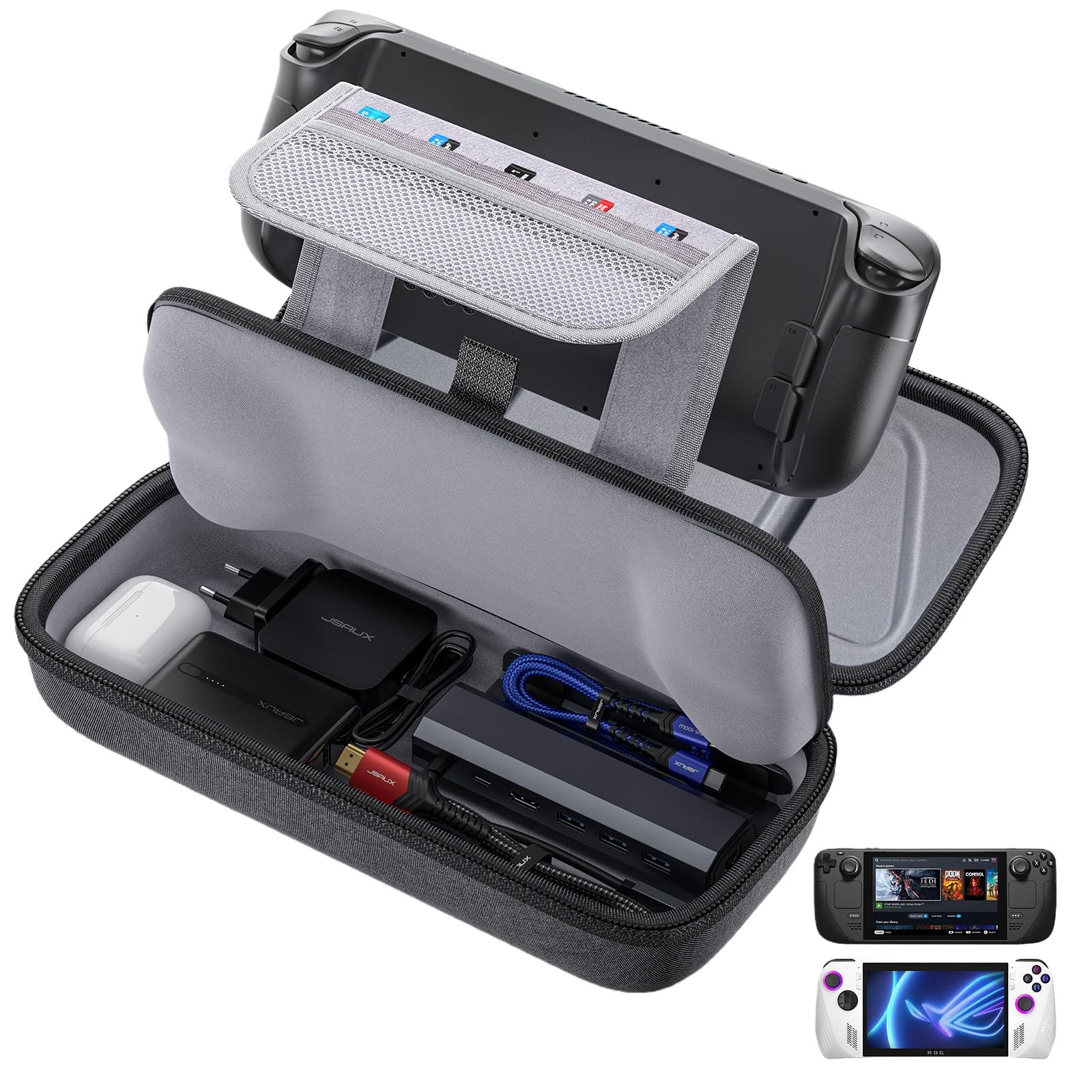 JSAUX Carrying Case Compatible with Steam Deck/ROG Ally, Protective Hard Shell Carry Case Built-in Charger & Docking Station Storage, Portable Travel Bag for Steam Deck OLED/ROG Ally X