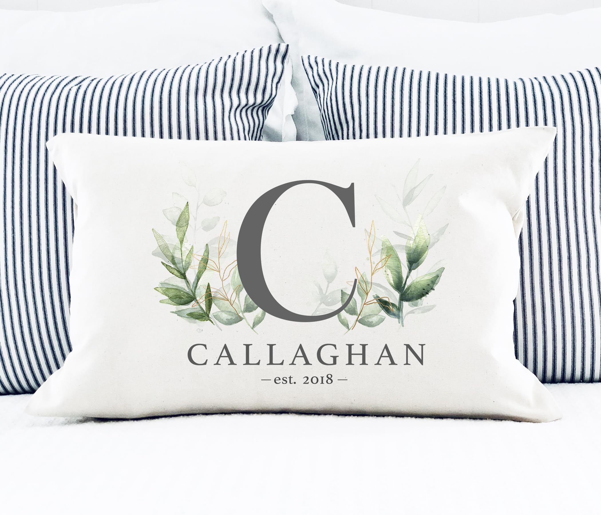 WESTBROOK DESIGN STUDIO Family Initial Throw Pillow. 20x14 Lumbar Personalized Cover & Insert w/Last Name, Est. Year - Gray on White