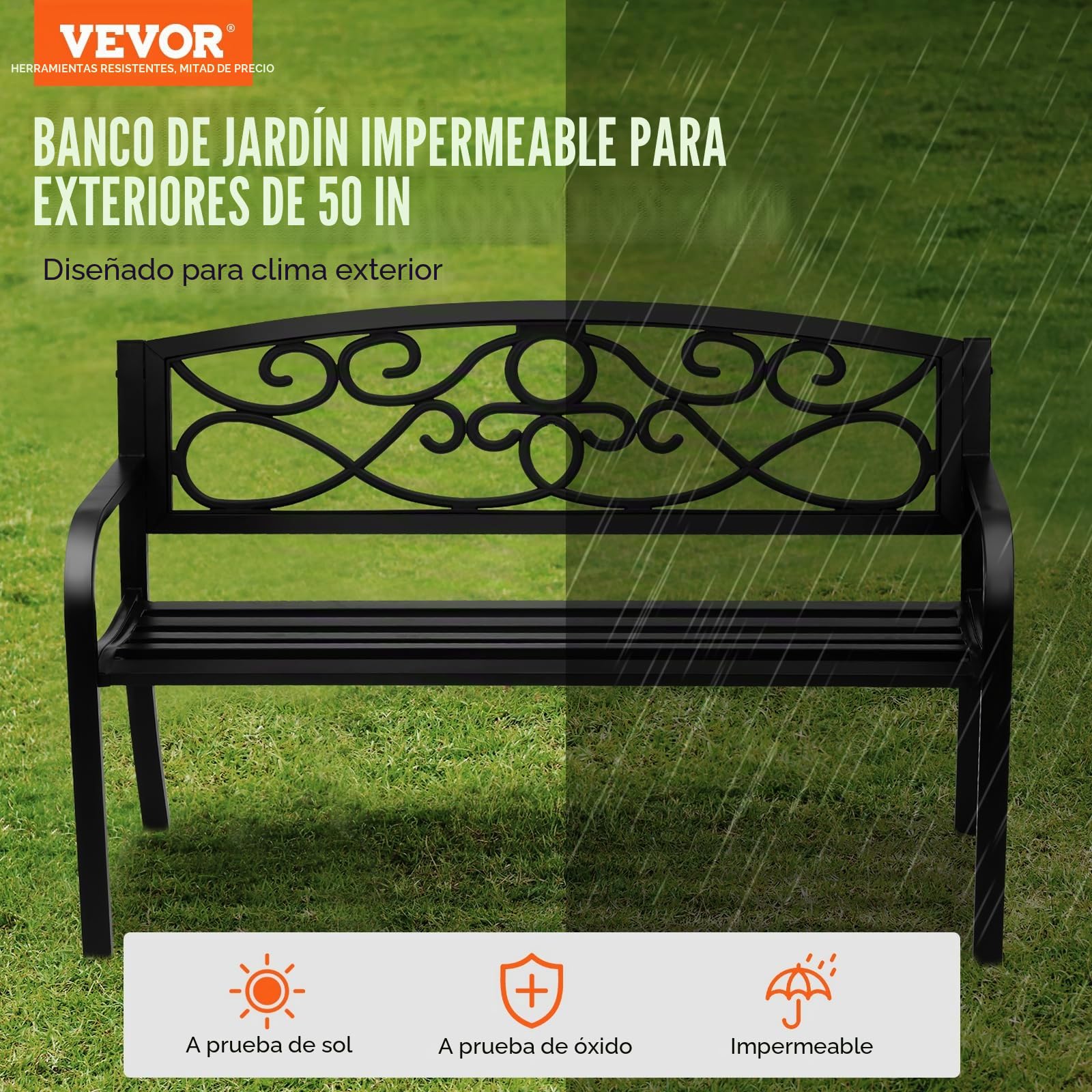 VEVOR, Banco de jardín de Metal para Exteriores, 127 cm, Color Negro, 127 cm