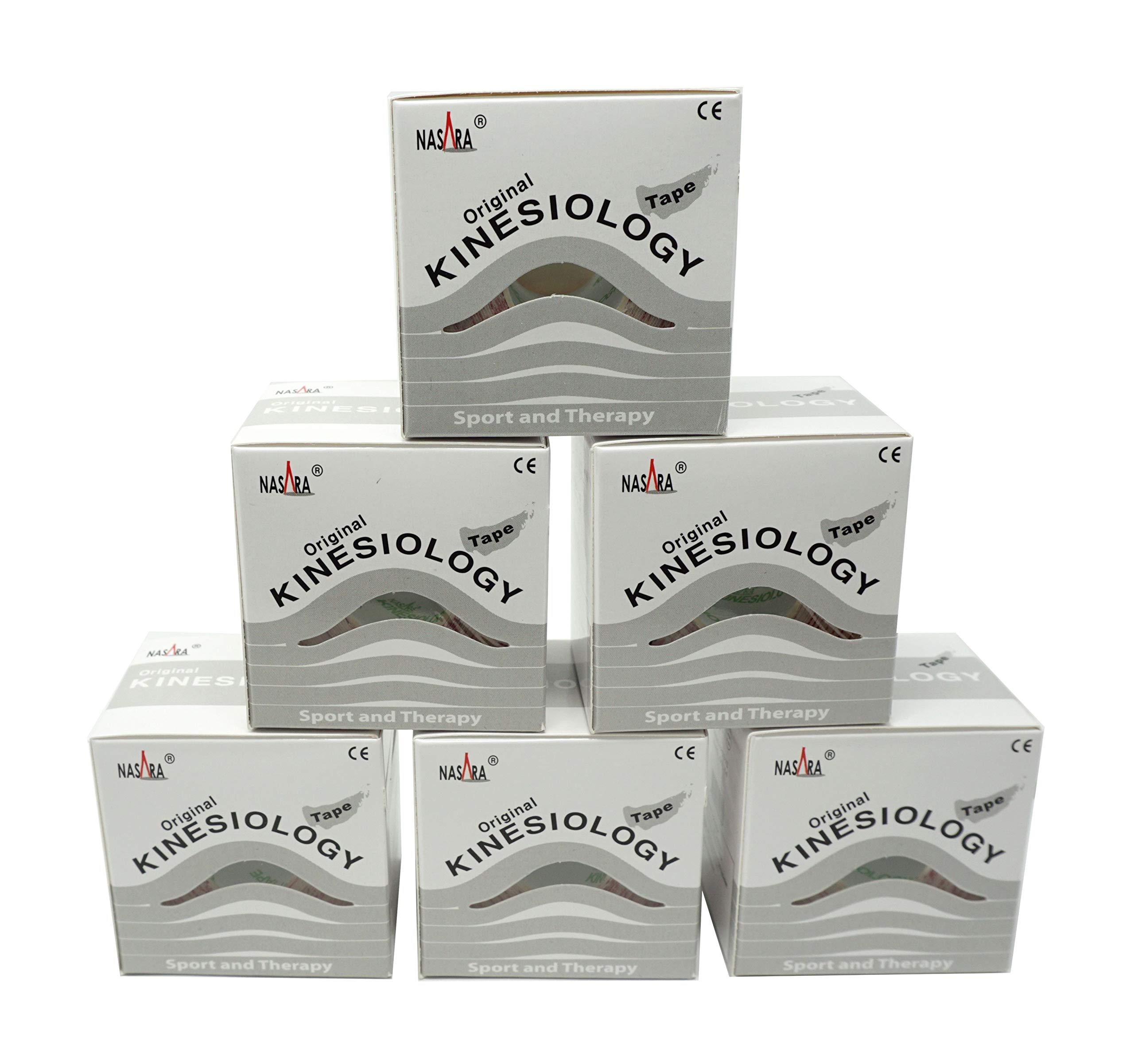 ATC Handels GmbH Nasara - Cinta de kinesiología (5 m x 5 cm, 6 unidades, incluye instrucciones con técnicas de pegado, resistente al agua y transpirable), color blanco