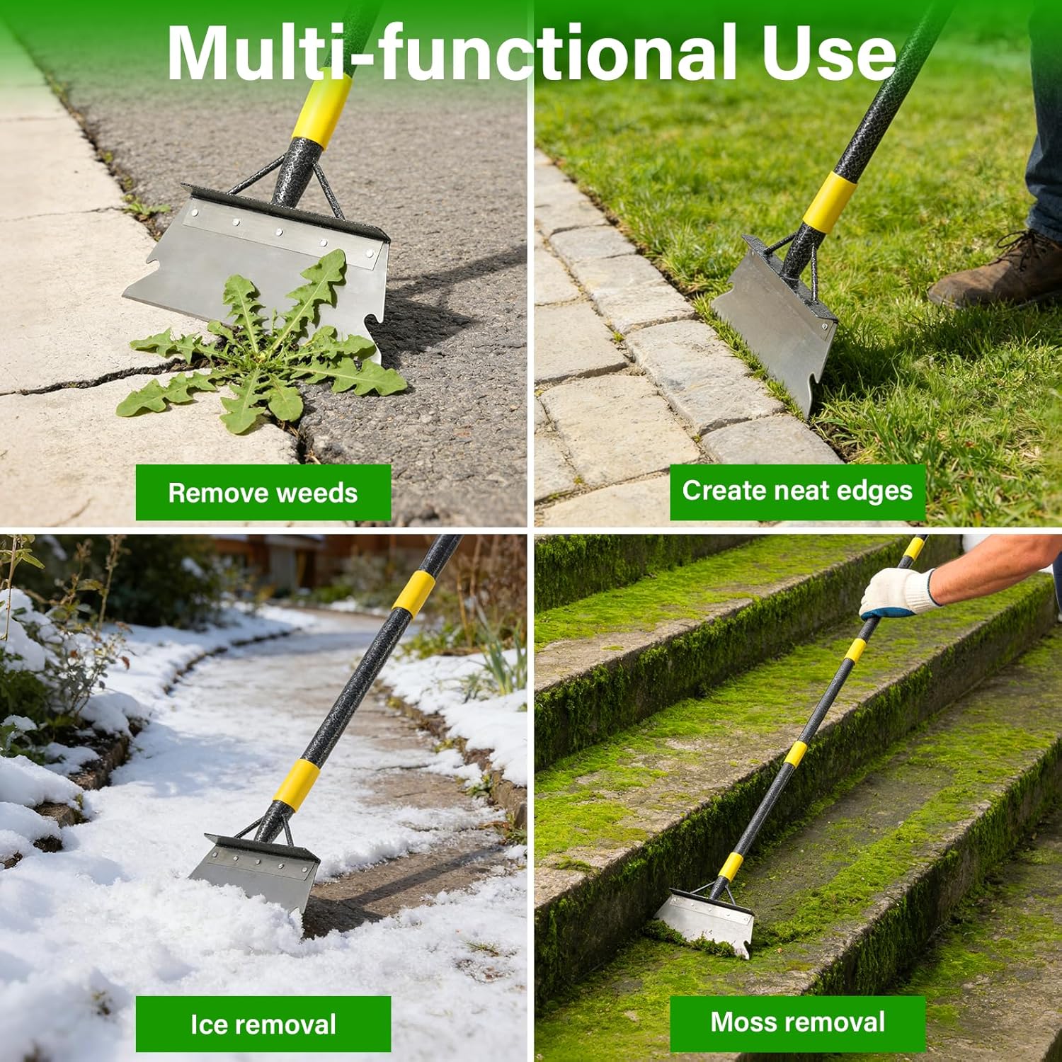 Weed Scraper Tool for Driveway Cracks, Long Handle Floor Scraper for Removing Weeds, Moss & Dirt, Heavy Duty Rustproof Metal Blade, Stand-Up Weeder for Sidewalk, Patio & Lawn Edging