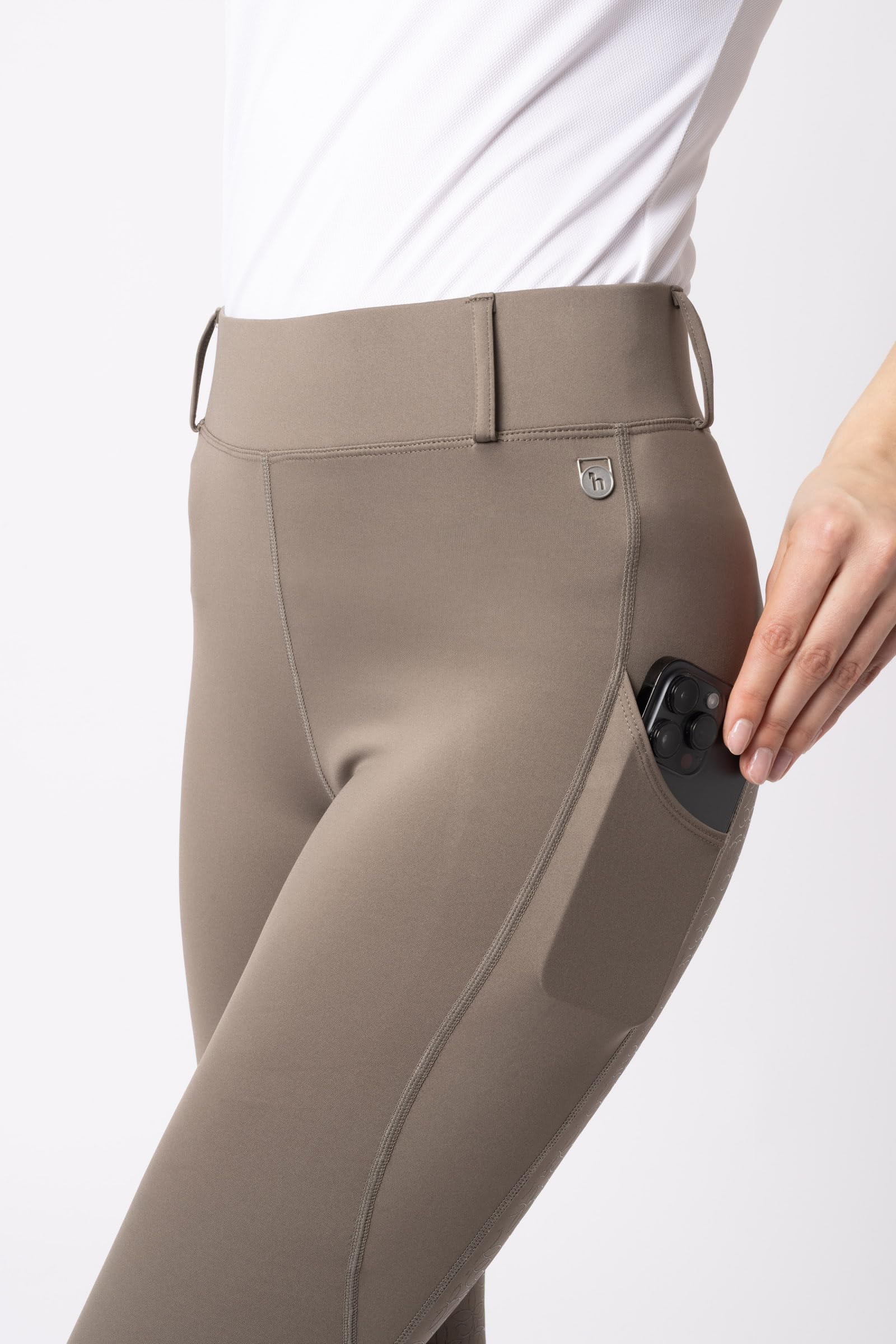 HORZE Damen Reitleggings DEA, Reithose mit Handytasche und Gürtelschlaufen, braun, 36