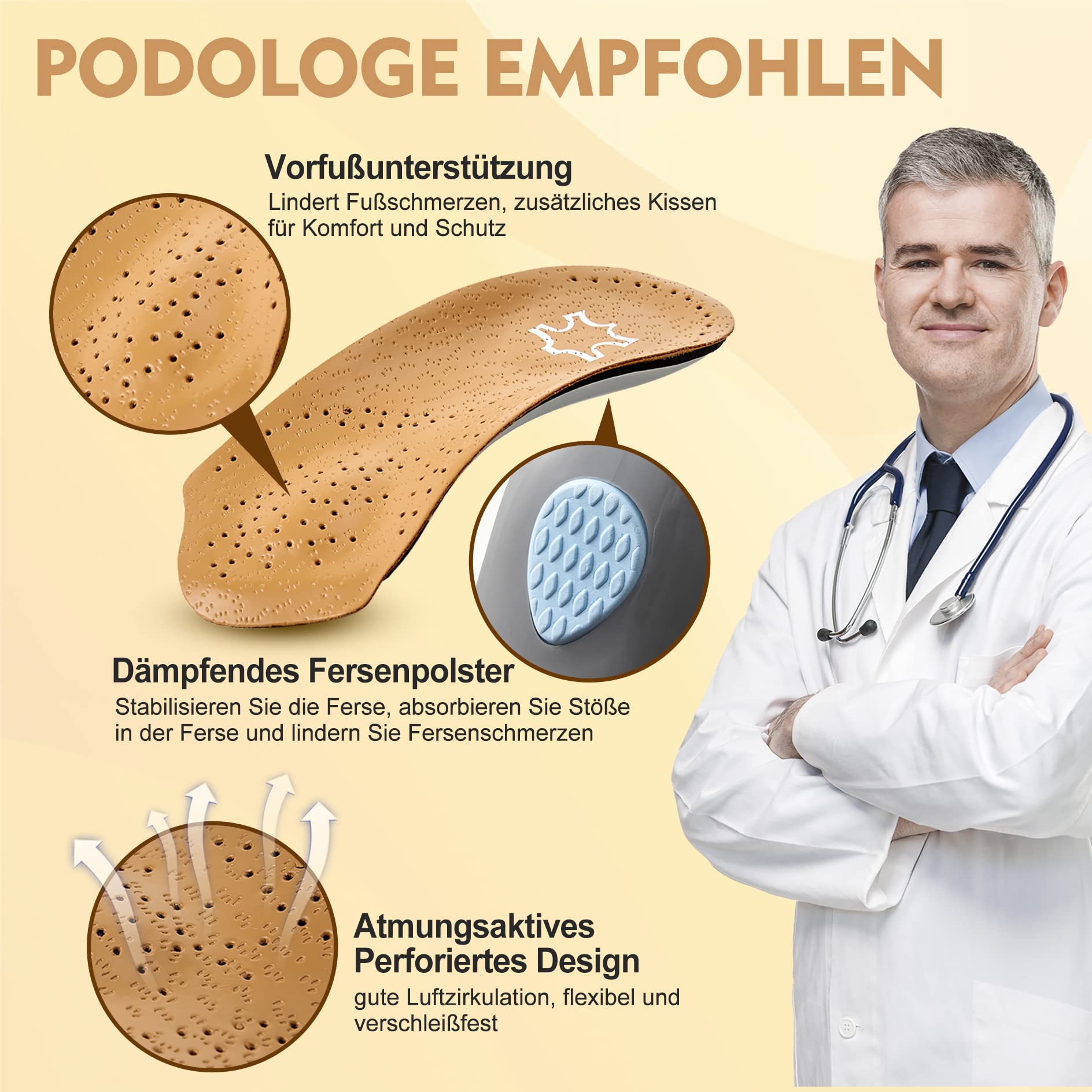 Orthetische Einlegesohlen von 3/4-Länge,halbe Plantarfasziitis-Unterstützung mit Mittelfußpolster-Fersenkissen, Fußschuh-Einsätze für Frauen und Männer