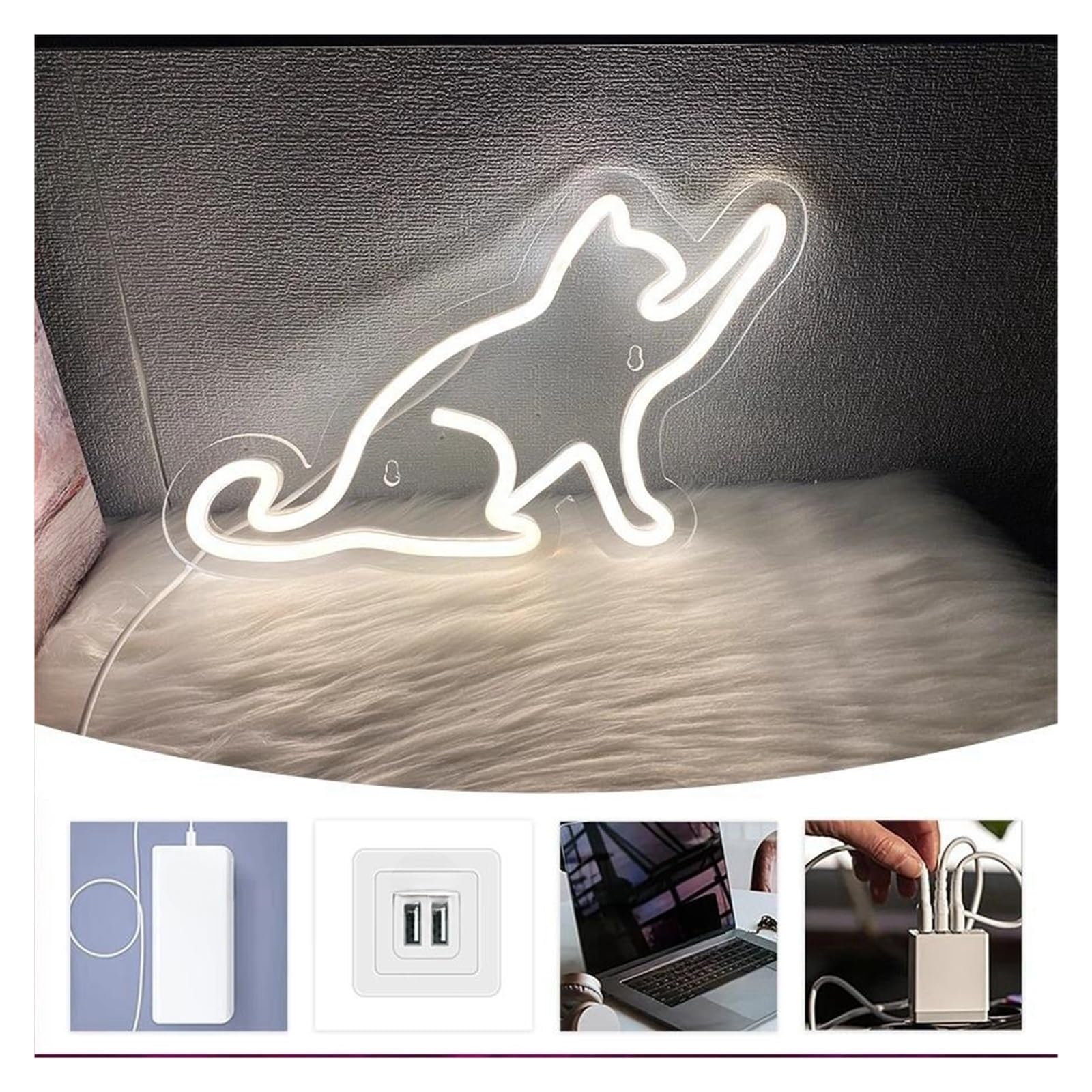 Décor Mural Lumière Néons De Chat Blanc, Veilleuses Décoratives D'art Mural 3D Alimentées Par USB, Utilisées Pour Les Panneaux De Décoration De Maison De Chat 19.5cm×30.5cm