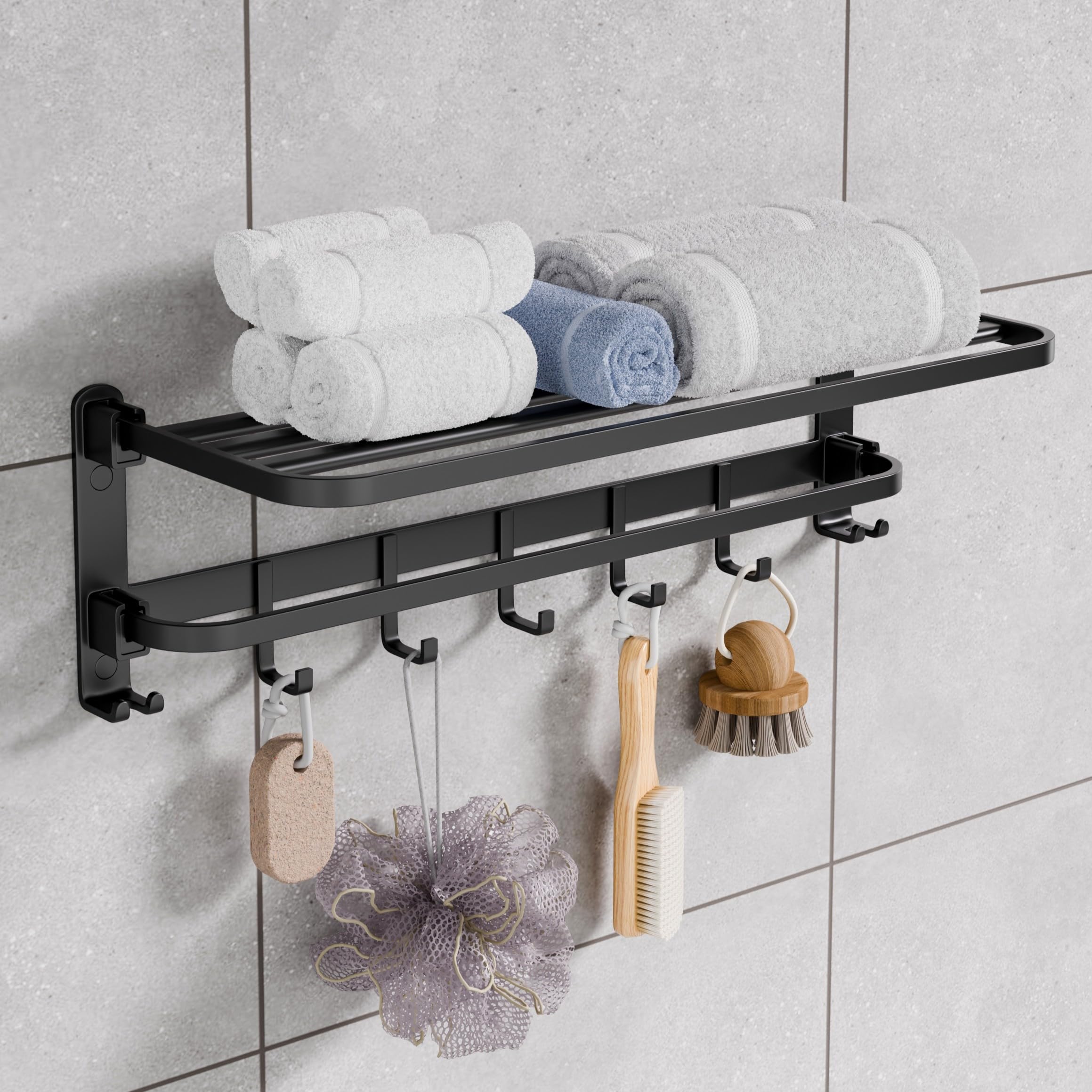 Backline Aluminium Folding Towel Rack with Swivel Towel Rod | Wall Mounted 90° Foldable Towel Holder with 9 Hooks and Hanger | Space Saving Bathroom Accessories (24 Inch) (Black Matt)-image-42