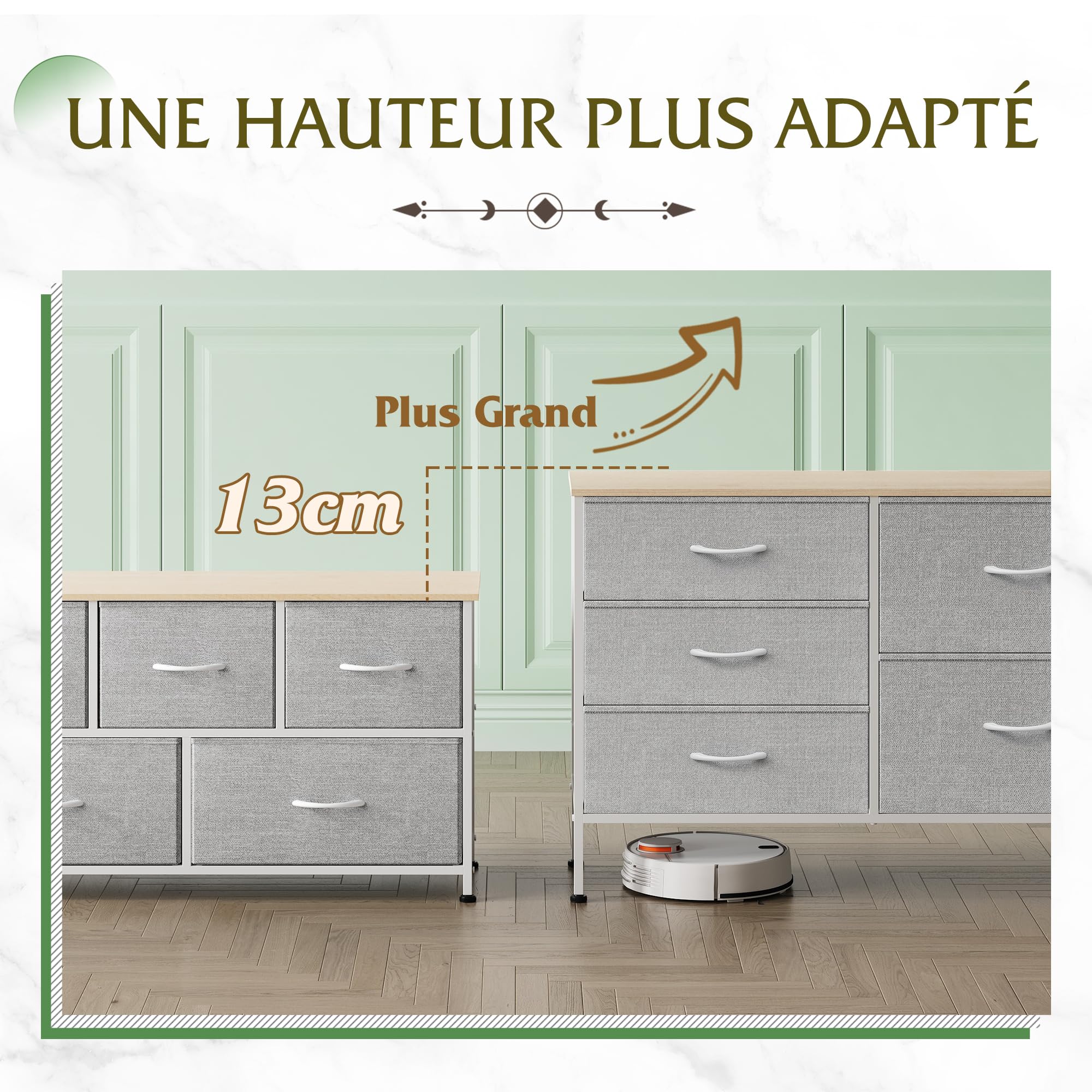 WLIVE Commode pour Chambre 5 Tiroirs, Grande avec Organiseurs, en Tissu pour Salon, Placard, Couloir, Gris Clair