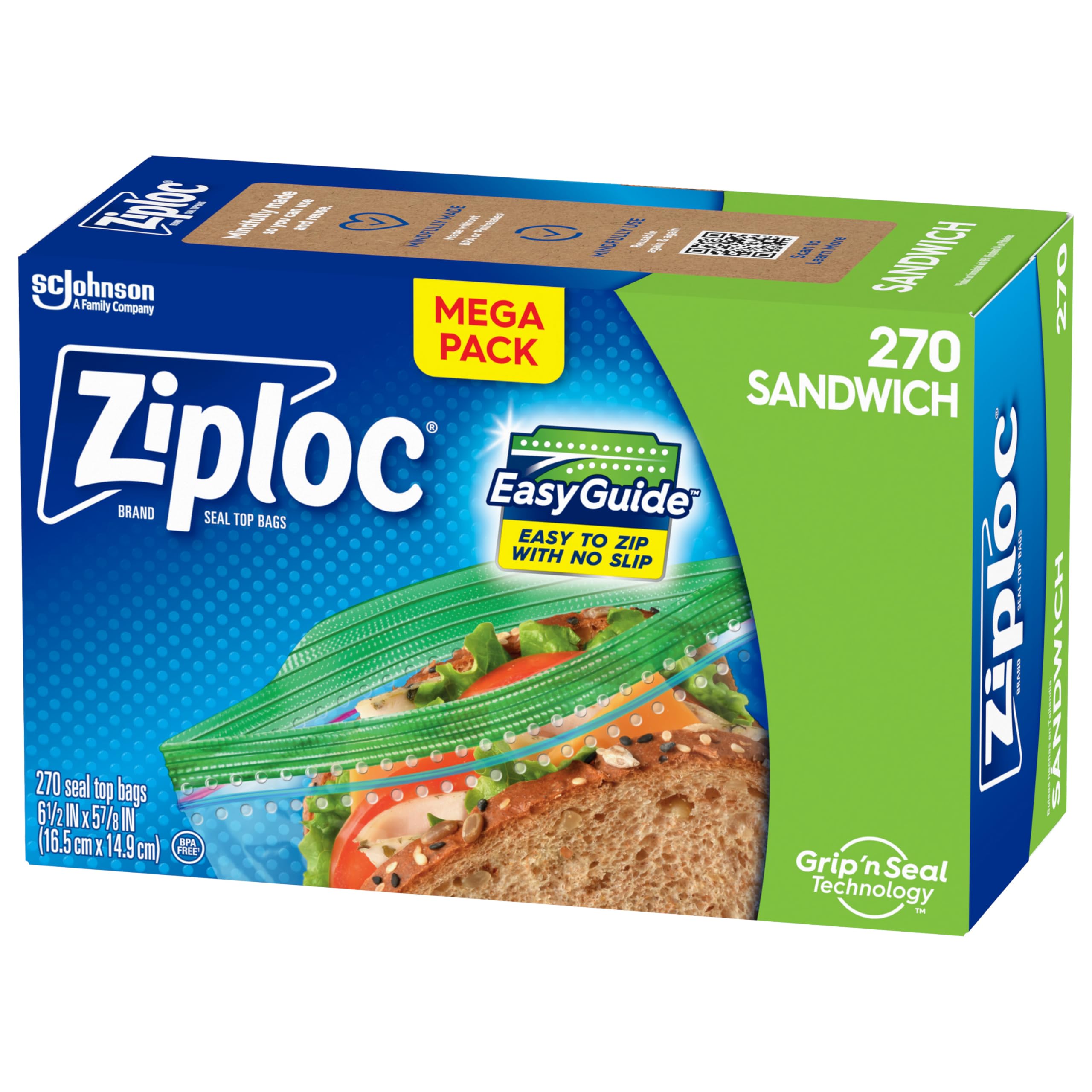 Ziploc Sandwich and Snack Bags with EasyGuide Texture, Plastic Storage Bags with Grip 'n Seal Technology, 270 Bags Total (Packaging May Vary)