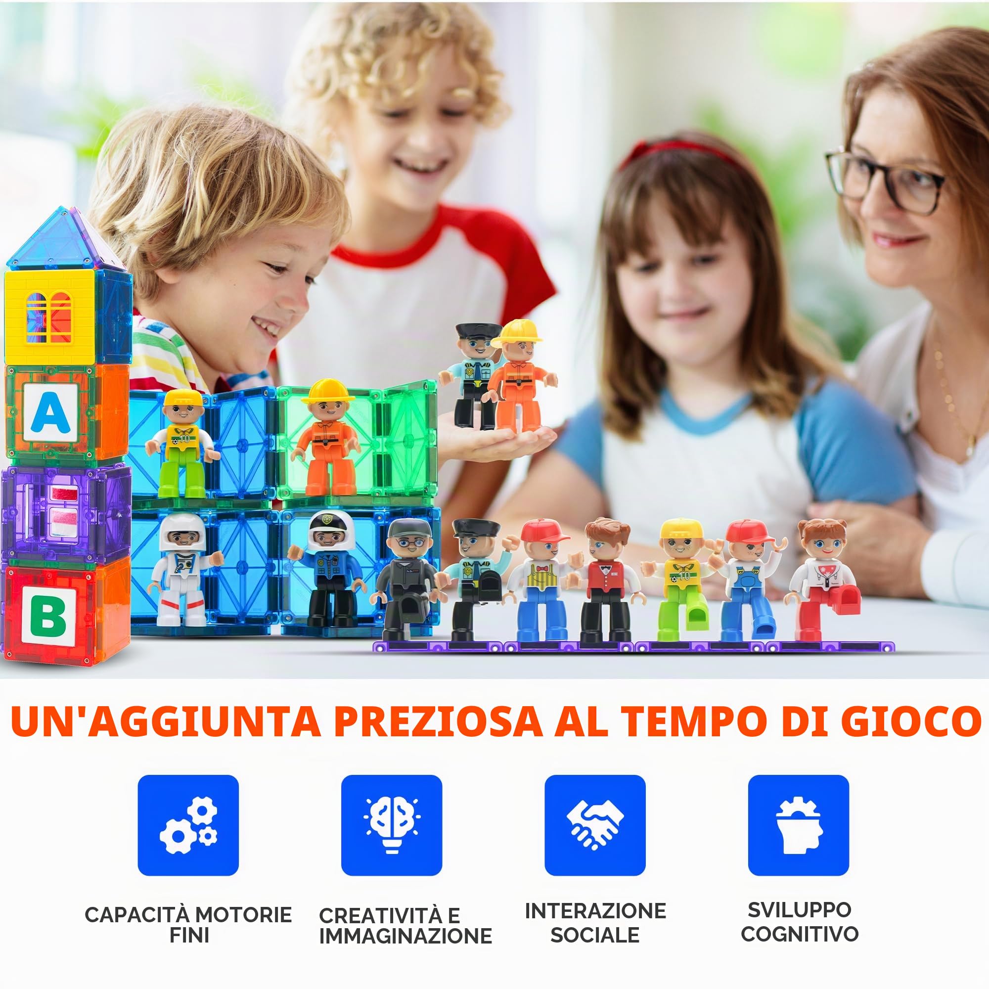 Playmags Set comunitario di figure magnetiche grandi da 15 pezzi - 3 pollici Gioca a persone, perfette per mattoncini magnetici - Giocattoli educativi STEM per bambini