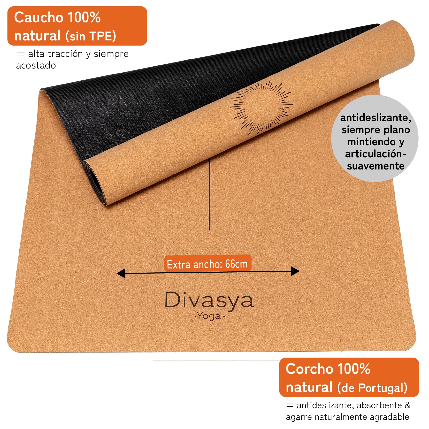 Esterilla de yoga premium de corcho antideslizante: de caucho natural antideslizante y corcho, natural y sostenible, extra ancha y extra gruesa (183 x 66 x 0,4 cm), correa de transporte