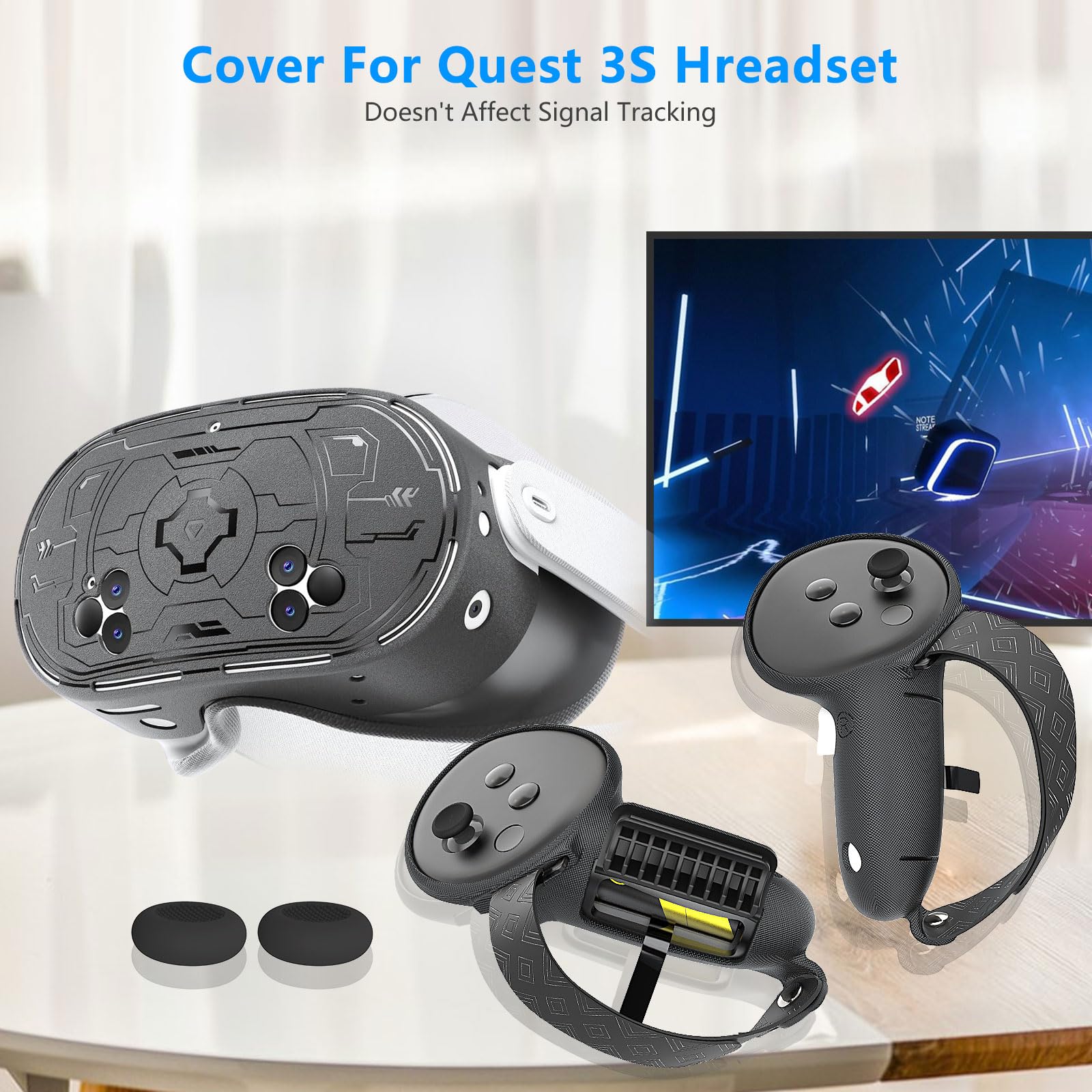 Juego de fundas para Quest 3s, incluye empuñaduras de control más largas de apertura de batería, cubierta rígida de TPU, cubierta facial de silicona y cubierta de lente para Quest 3s (negro,